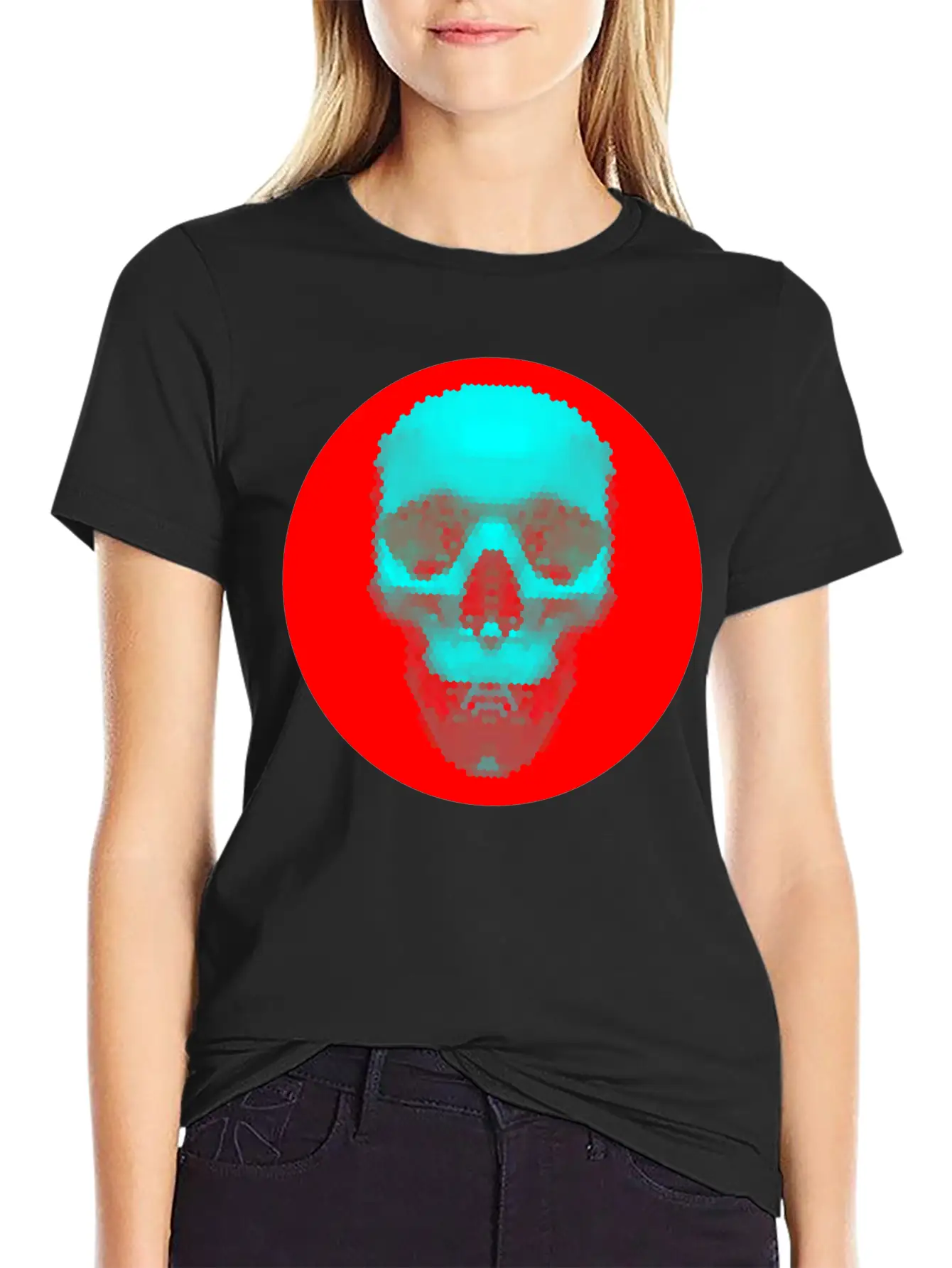 Hexagon Pattern Skull - Blue On Red Timeless Short Sleeve Tee – Comfy And Minimalist Design