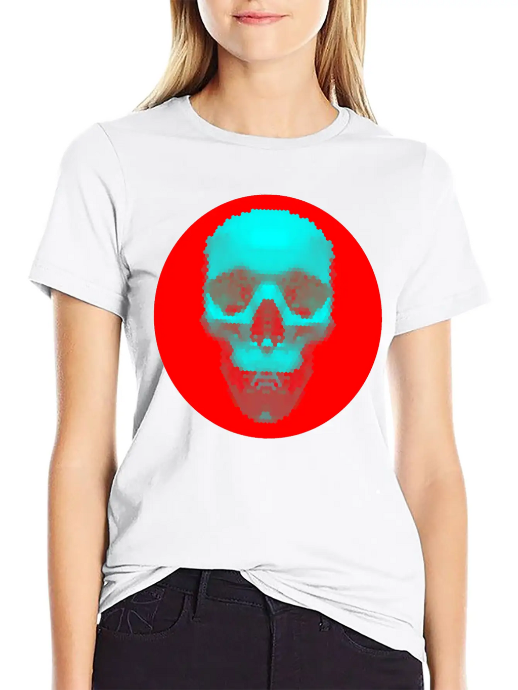 Hexagon Pattern Skull - Blue On Red Timeless Short Sleeve Tee – Comfy And Minimalist Design