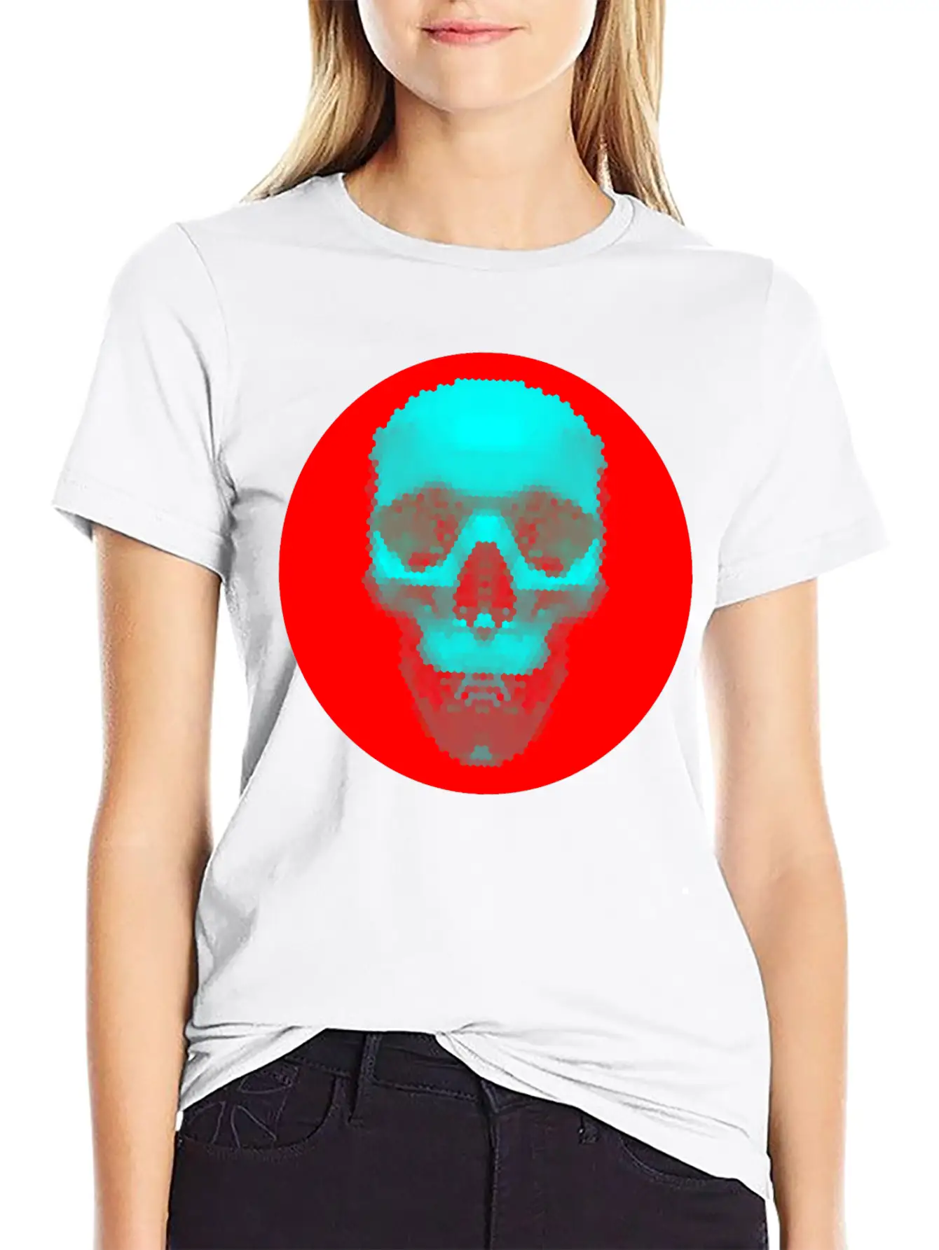 Hexagon Pattern Skull - Blue On Red Timeless Short Sleeve Tee – Comfy And Minimalist Design