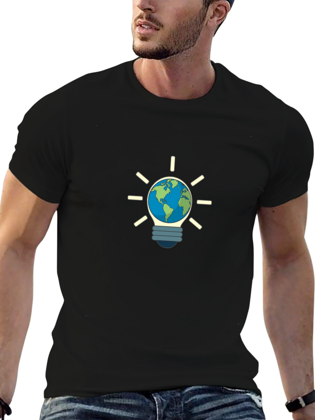 Earth Lightbulb Black T-Shirt - Eco-Friendly Design