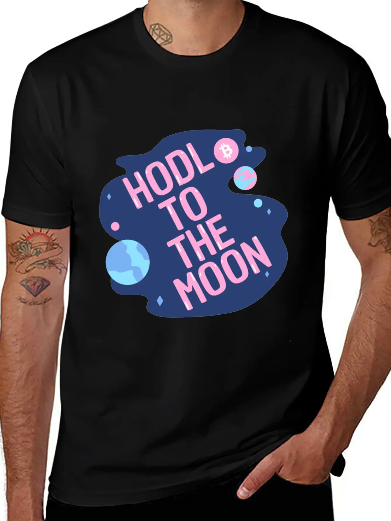 HODL To The Moon Bitcoin Galaxy Space Pink Blue Unisex Casual T-Shirt – Clean Design For Daily Comfort