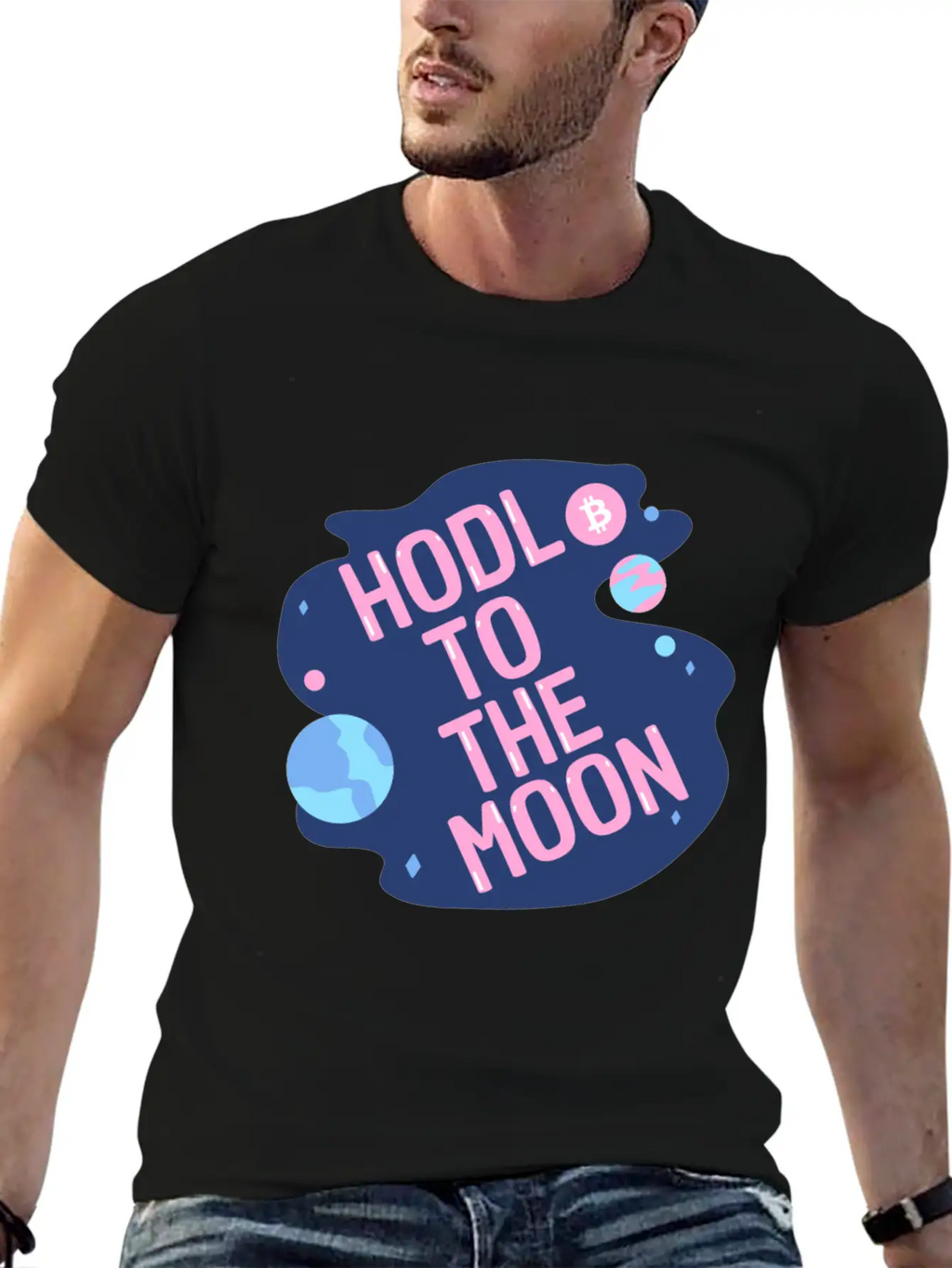 HODL To The Moon Bitcoin Galaxy Space Pink Blue Unisex Casual T-Shirt – Clean Design For Daily Comfort