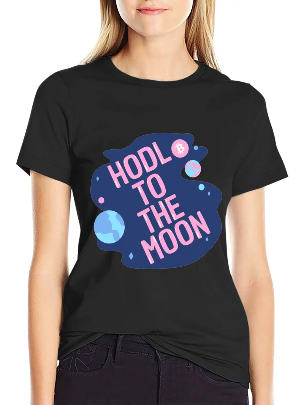 HODL To The Moon Bitcoin Galaxy Space Pink Blue Unisex Casual T-Shirt – Clean Design For Daily Comfort