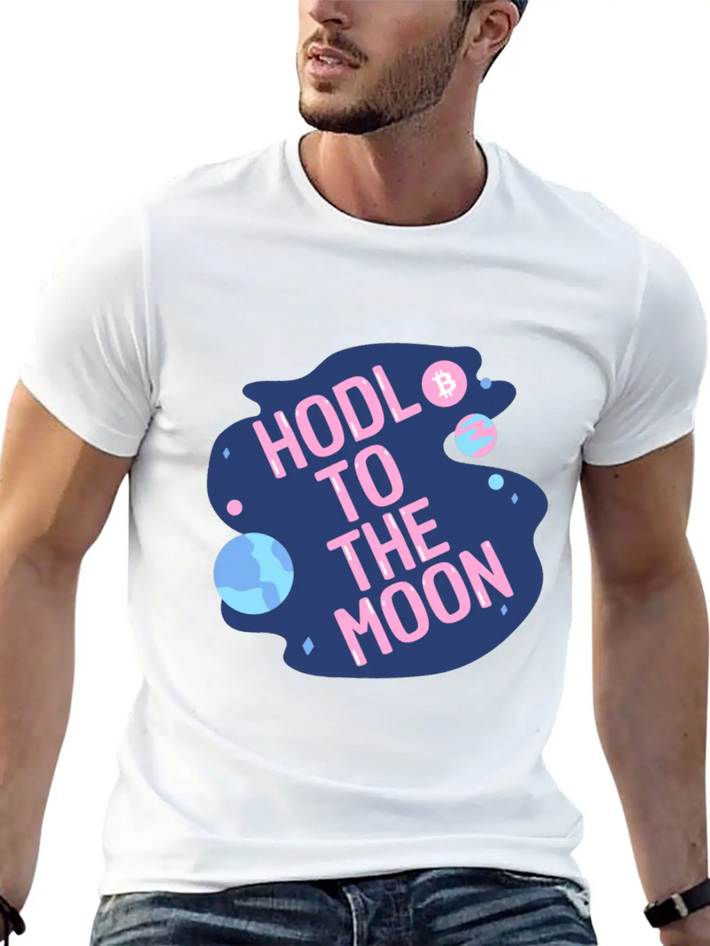 HODL To The Moon Bitcoin Galaxy Space Pink Blue Unisex Casual T-Shirt – Clean Design For Daily Comfort