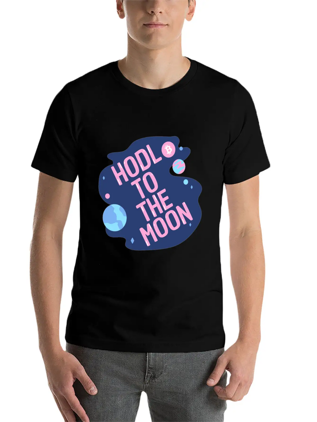 HODL To The Moon Bitcoin Galaxy Space Pink Blue Unisex Casual T-Shirt – Clean Design For Daily Comfort
