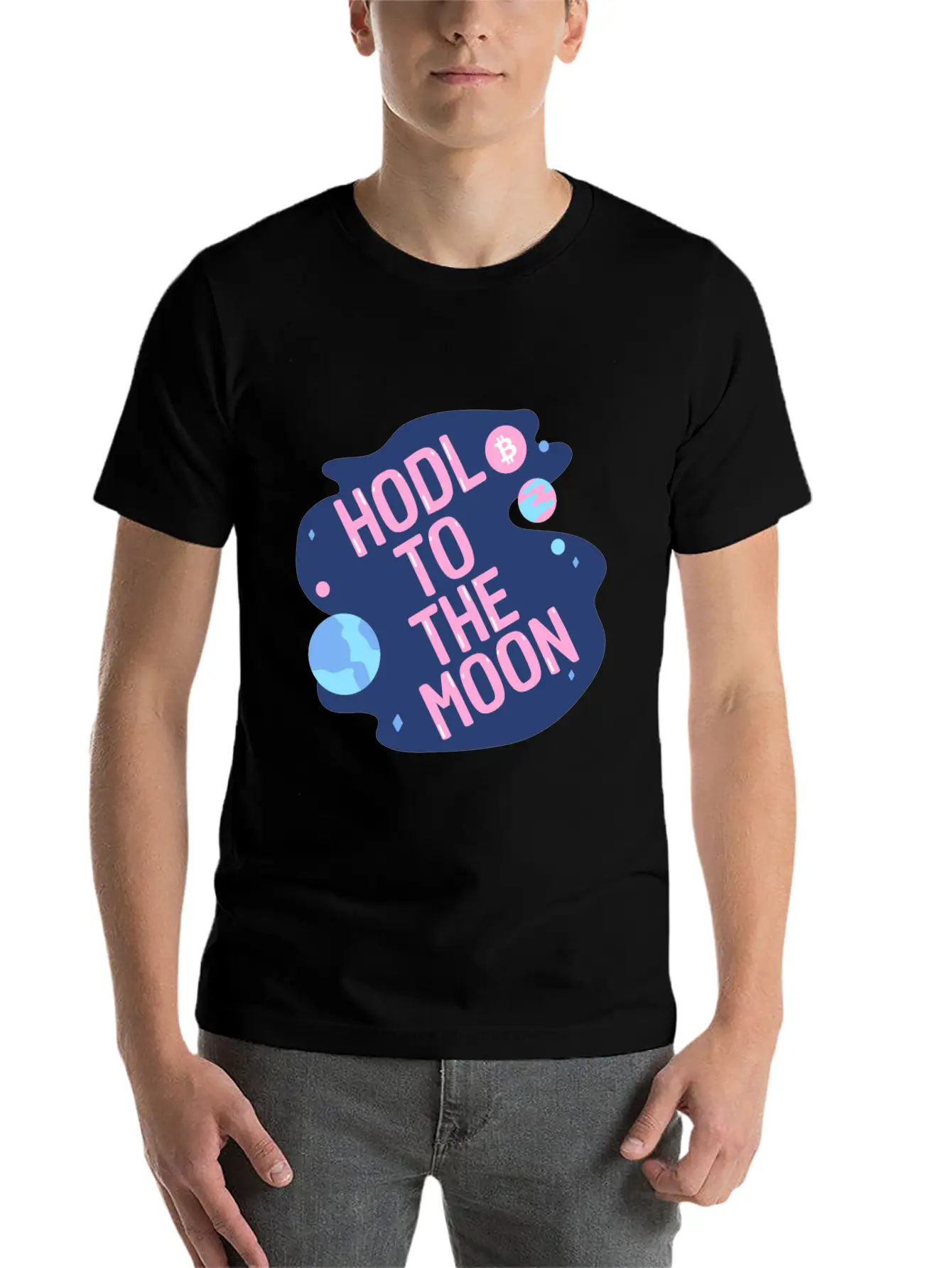 HODL To The Moon Bitcoin Galaxy Space Pink Blue Unisex Casual T-Shirt – Clean Design For Daily Comfort