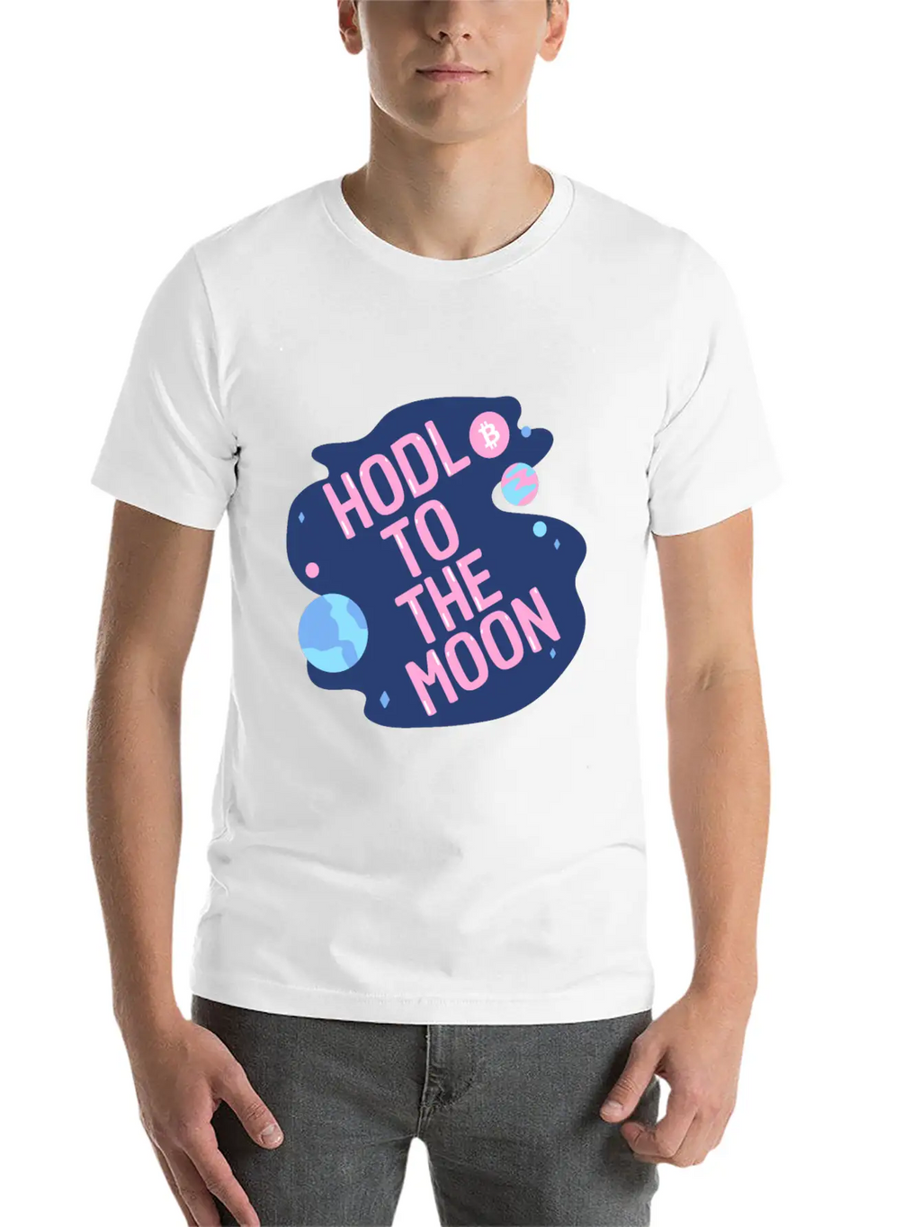 HODL To The Moon Bitcoin Galaxy Space Pink Blue Unisex Casual T-Shirt – Clean Design For Daily Comfort