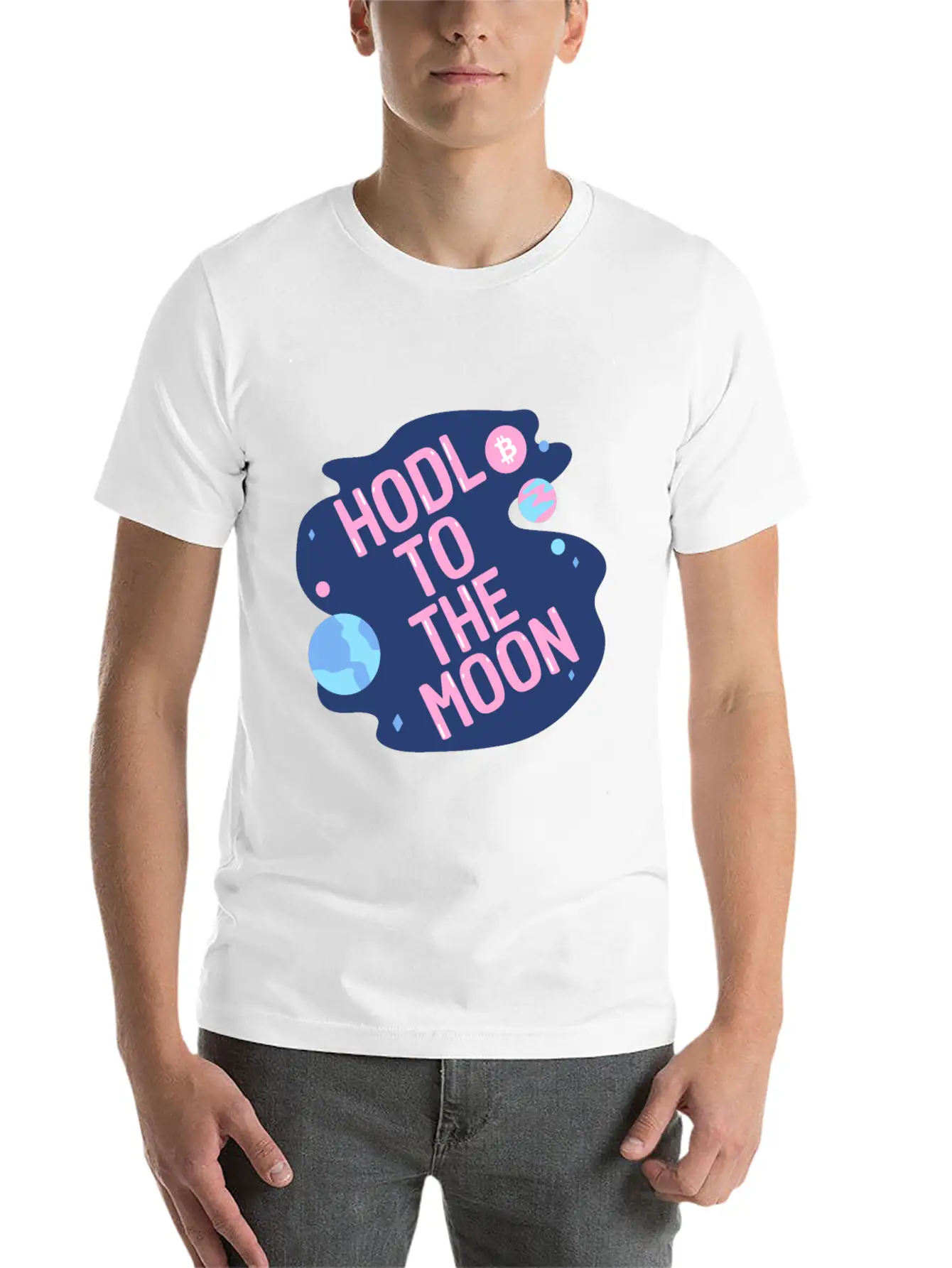 HODL To The Moon Bitcoin Galaxy Space Pink Blue Unisex Casual T-Shirt – Clean Design For Daily Comfort