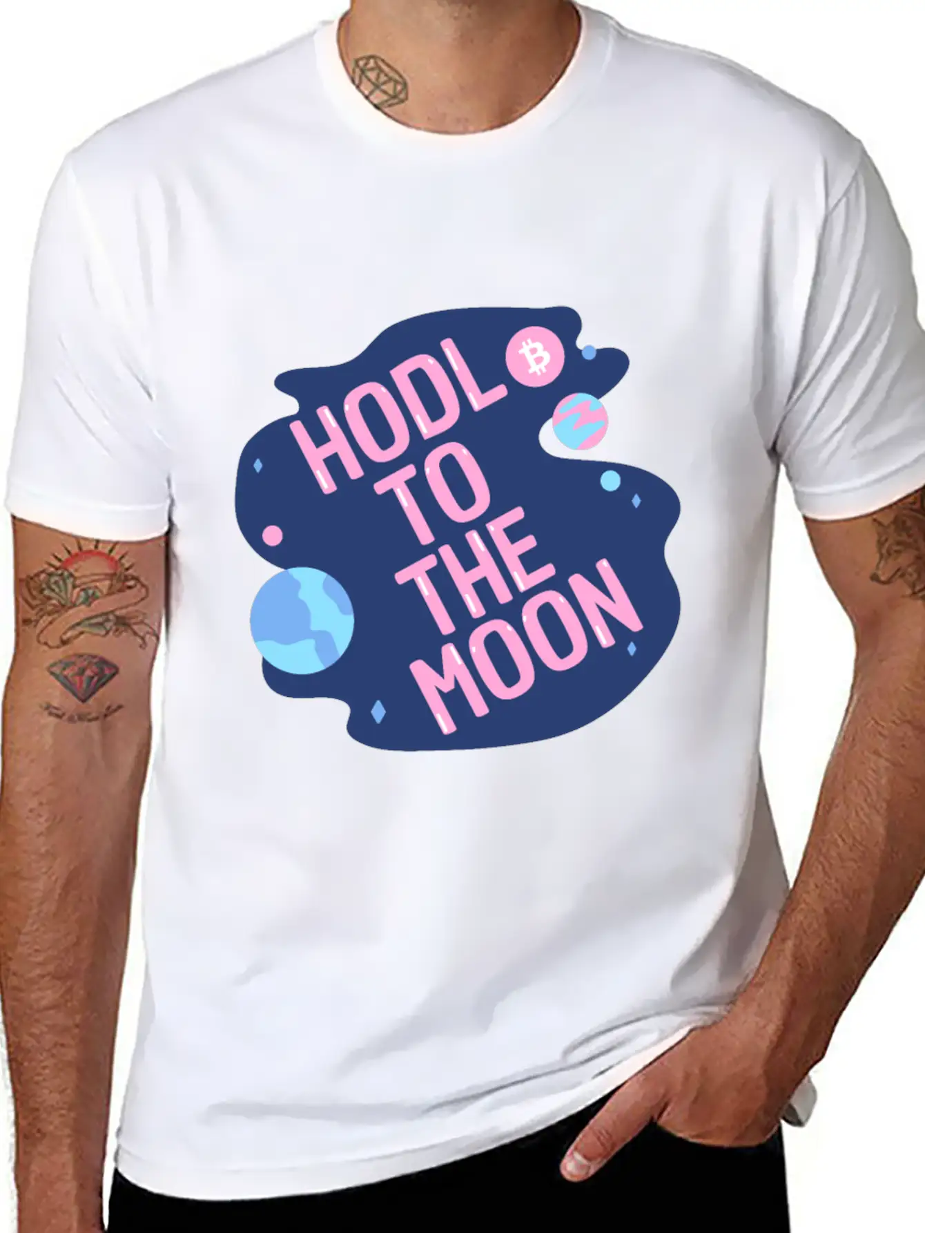 HODL To The Moon Bitcoin Galaxy Space Pink Blue Unisex Casual T-Shirt – Clean Design For Daily Comfort