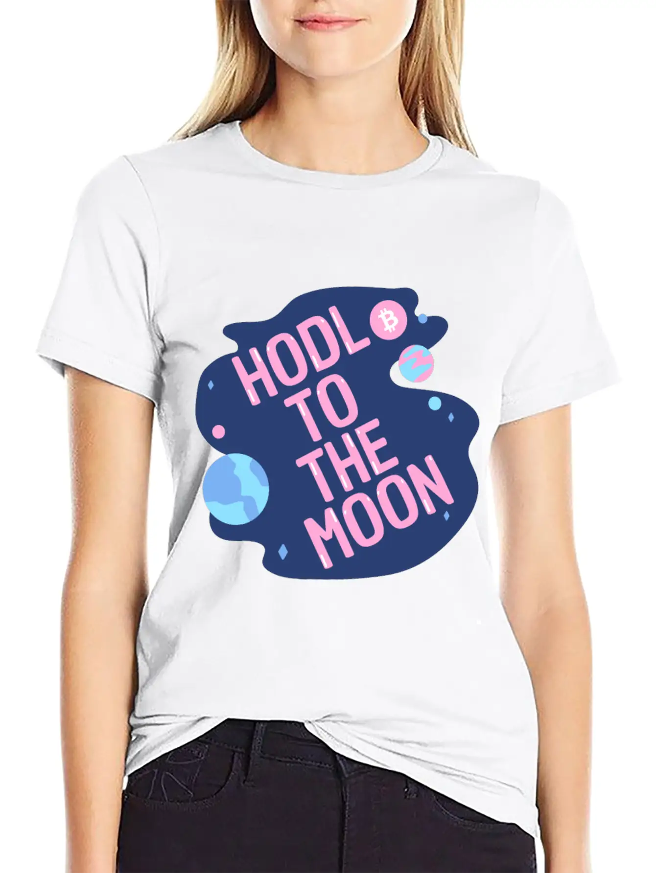 HODL To The Moon Bitcoin Galaxy Space Pink Blue Unisex Casual T-Shirt – Clean Design For Daily Comfort