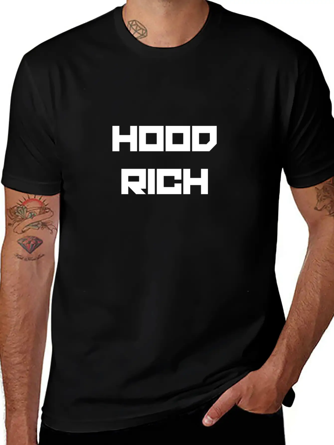 HOOD RICH (WHITE PRINT) Modern Fit Casual T-Shirt – Clean And Versatile Design
