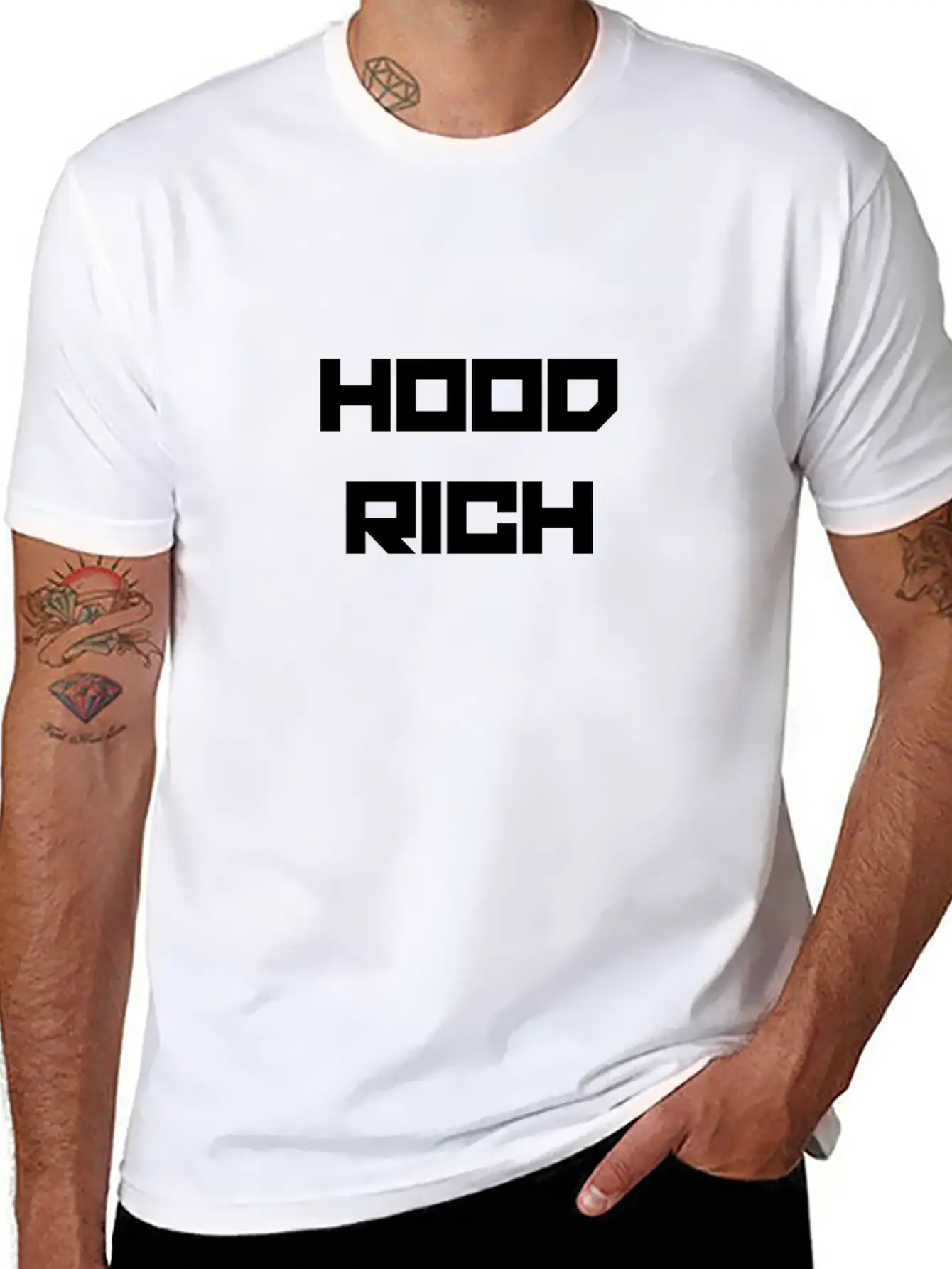 HOOD RICH (WHITE PRINT) Modern Fit Casual T-Shirt – Clean And Versatile Design