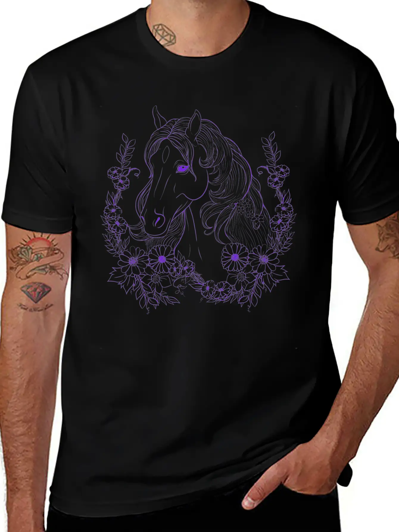 Horse With Florals Essential Cotton Tee For Daily Outfits – Unisex Style