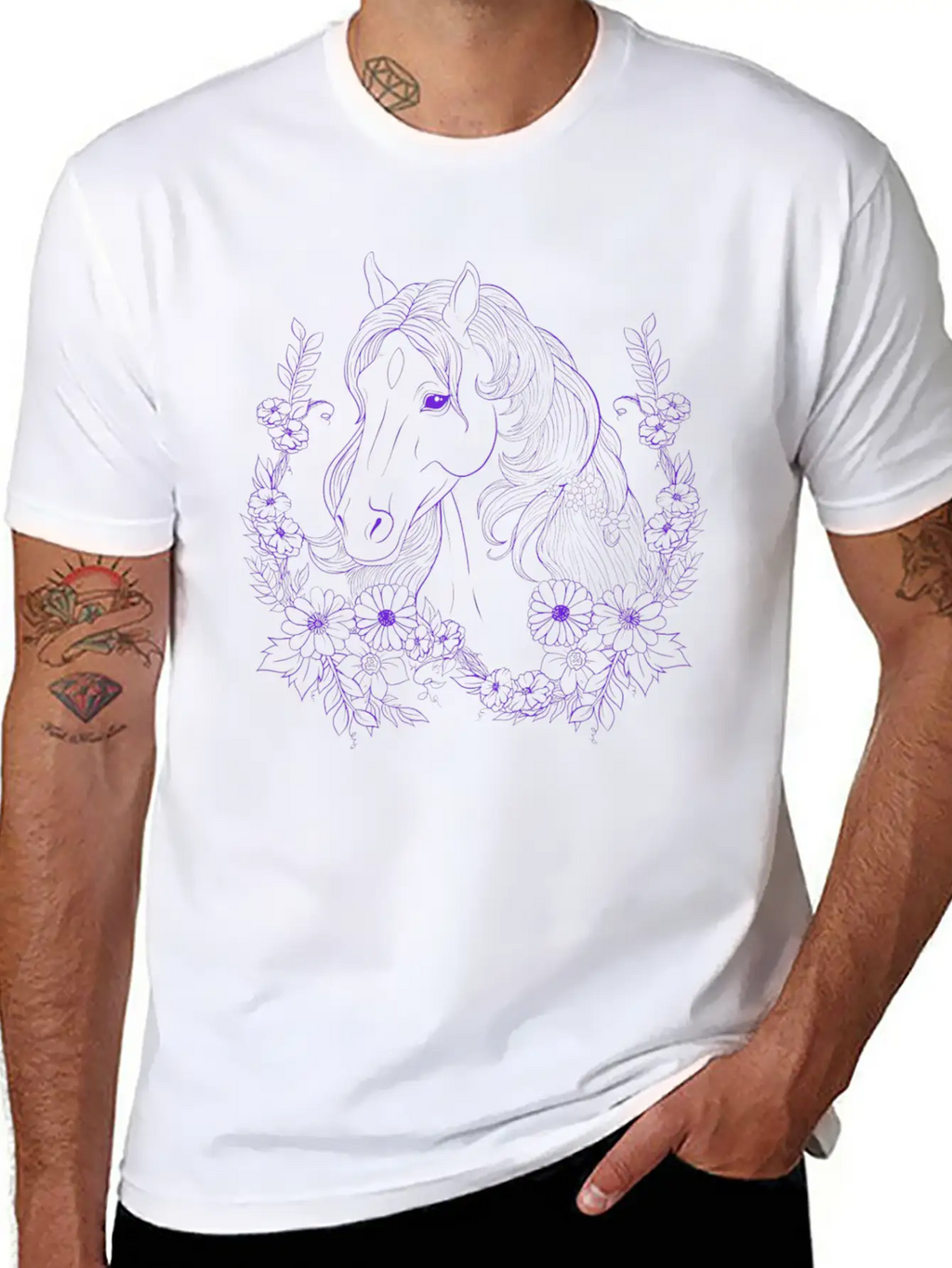 Horse With Florals Essential Cotton Tee For Daily Outfits – Unisex Style