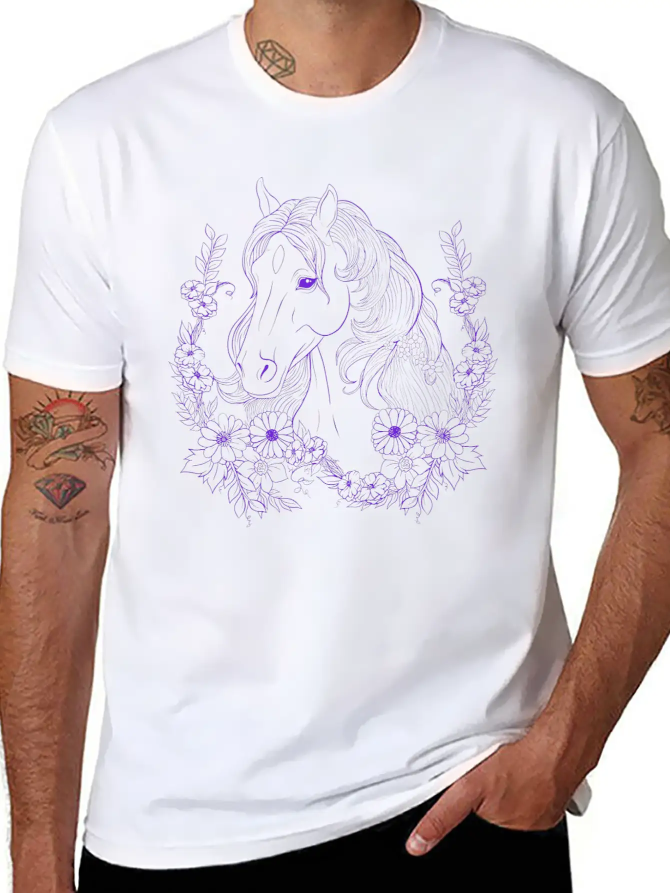 Horse With Florals Essential Cotton Tee For Daily Outfits – Unisex Style