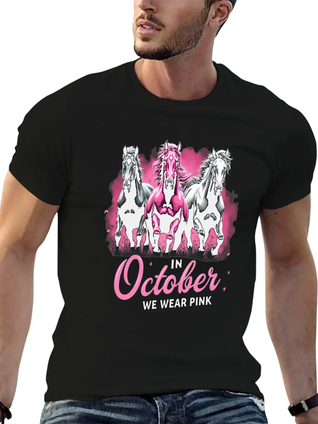 Horses For October Breast Cancer Classic Cotton Tee – Unisex Comfort For Any Season