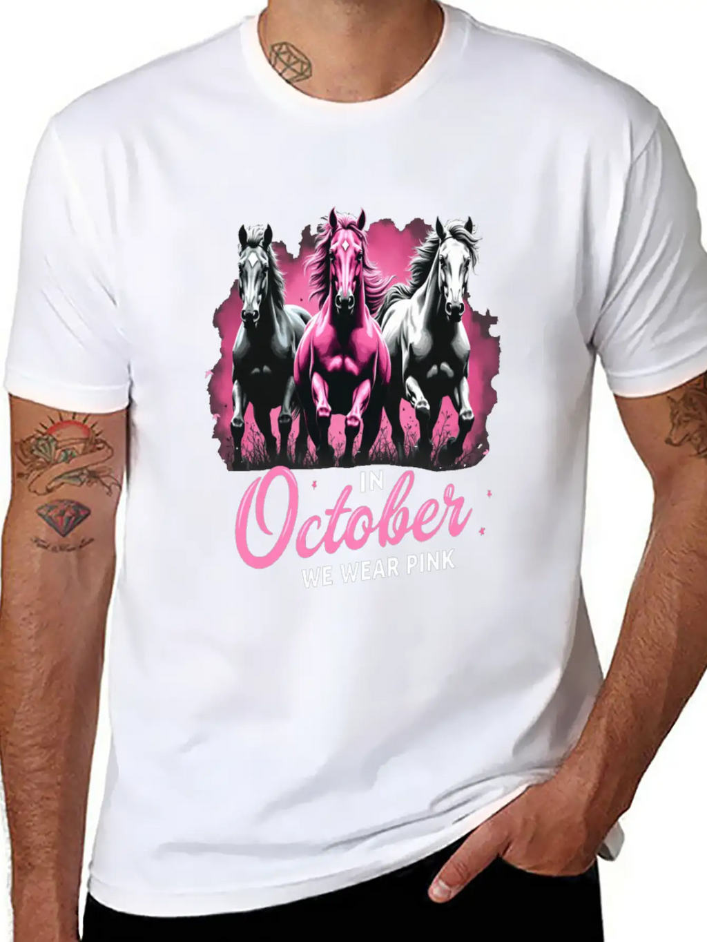 Horses For October Breast Cancer Classic Cotton Tee – Unisex Comfort For Any Season