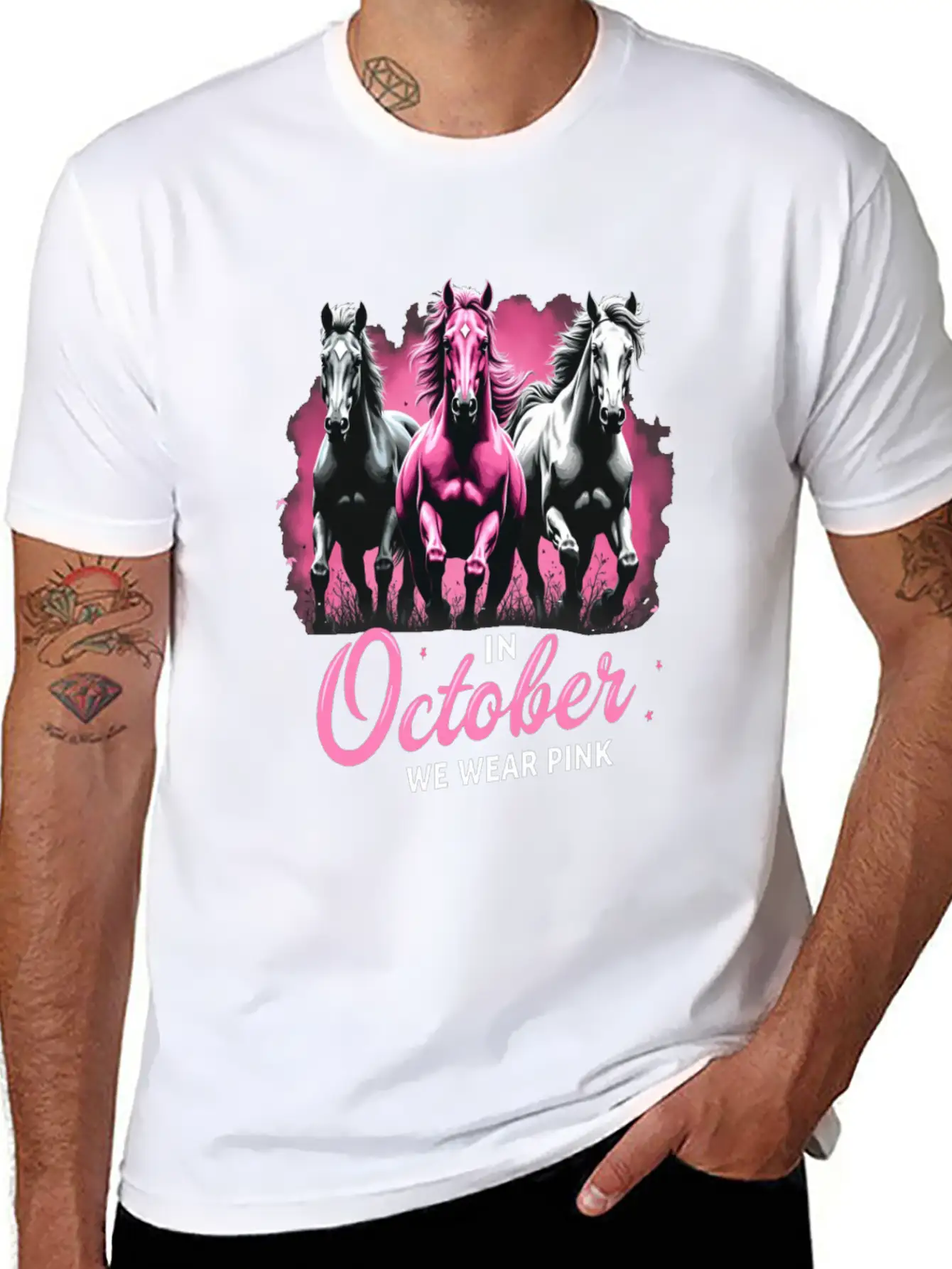 Horses For October Breast Cancer Classic Cotton Tee – Unisex Comfort For Any Season