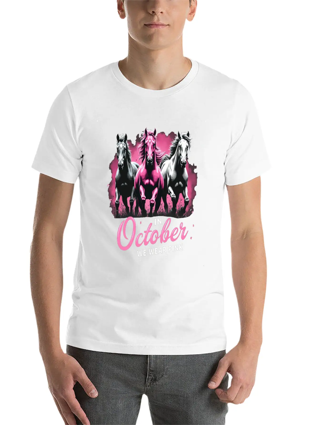 Horses For October Breast Cancer Classic Cotton Tee – Unisex Comfort For Any Season