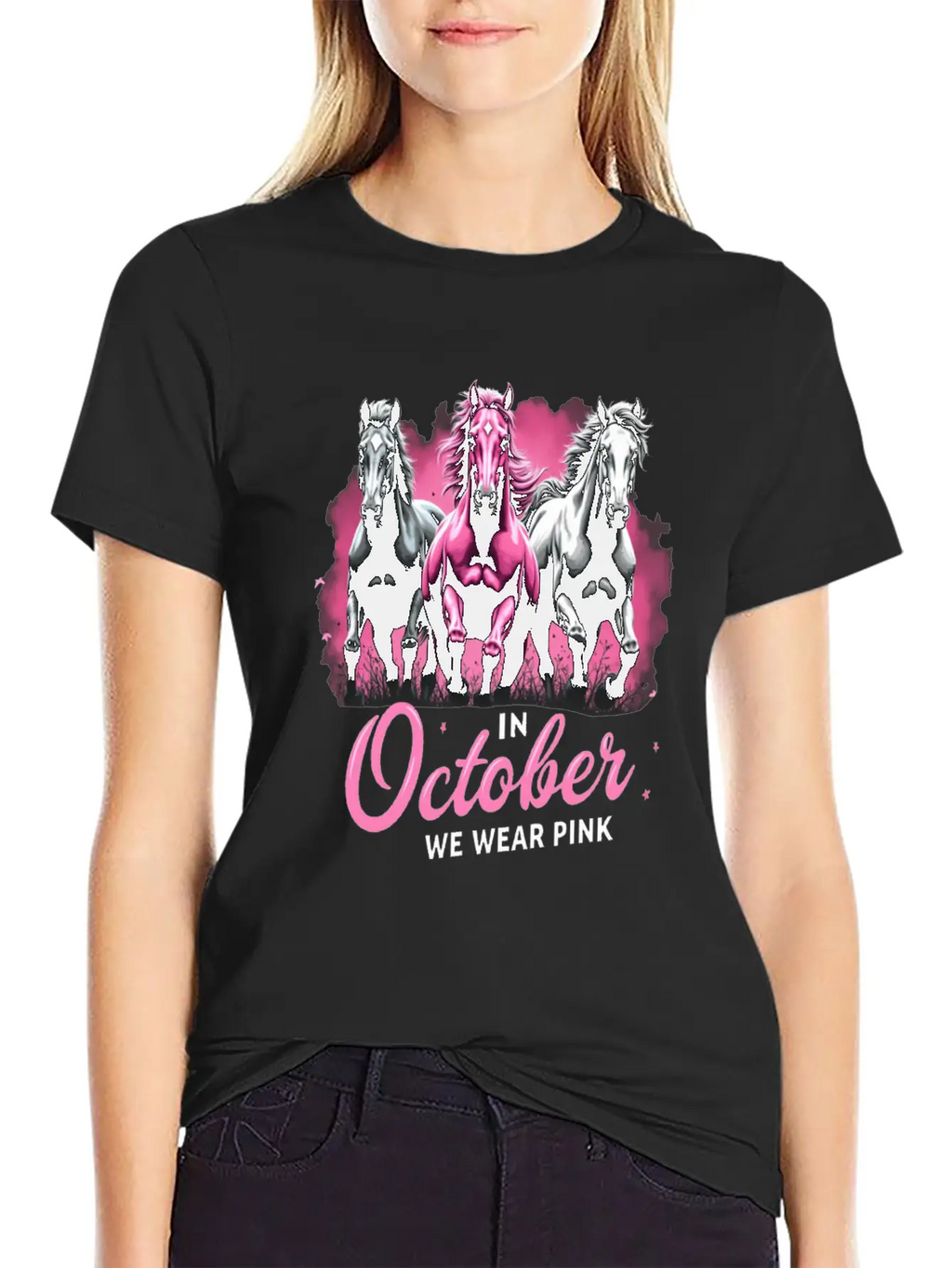 Horses For October Breast Cancer Classic Cotton Tee – Unisex Comfort For Any Season