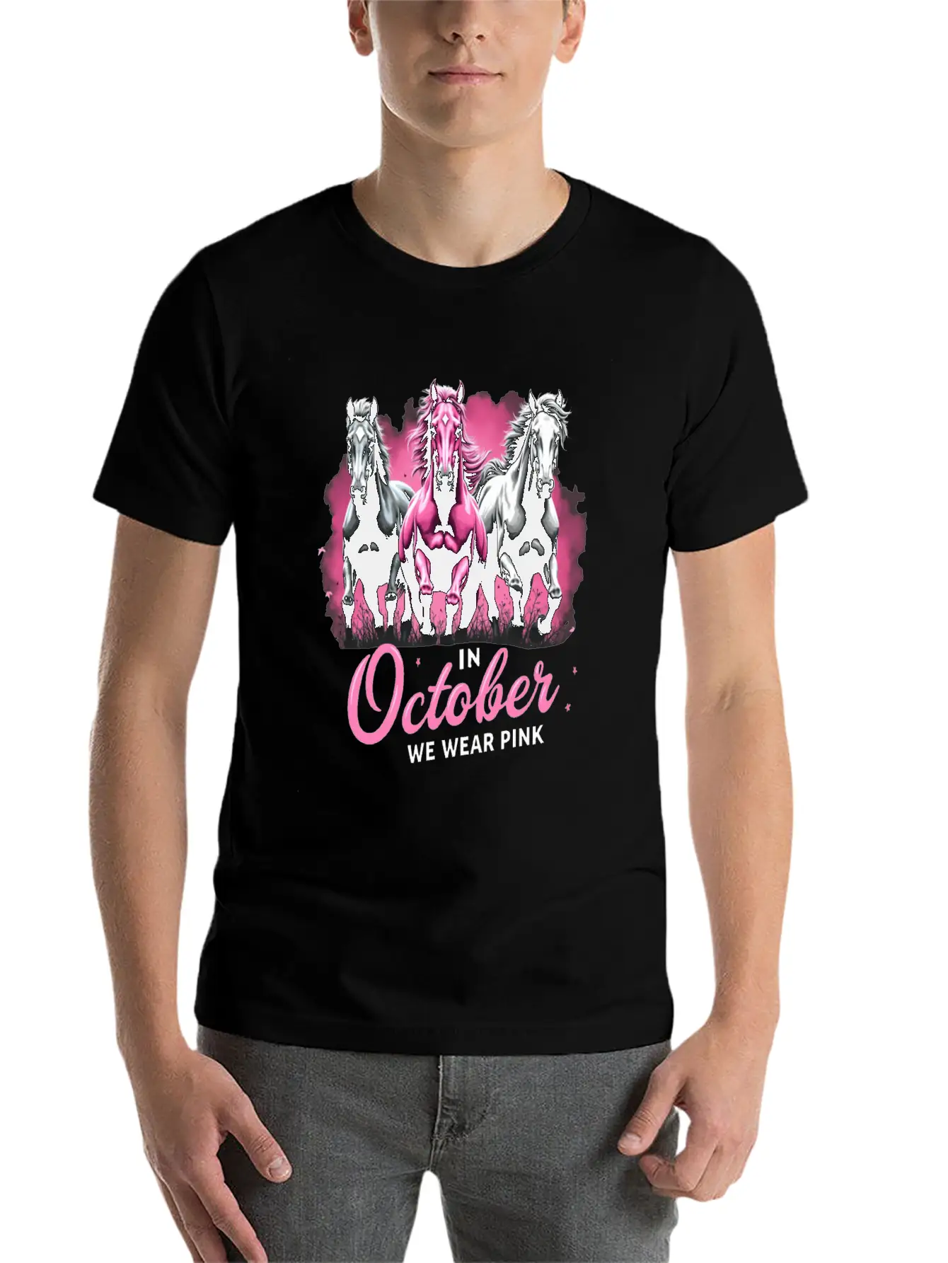 Horses For October Breast Cancer Classic Cotton Tee – Unisex Comfort For Any Season