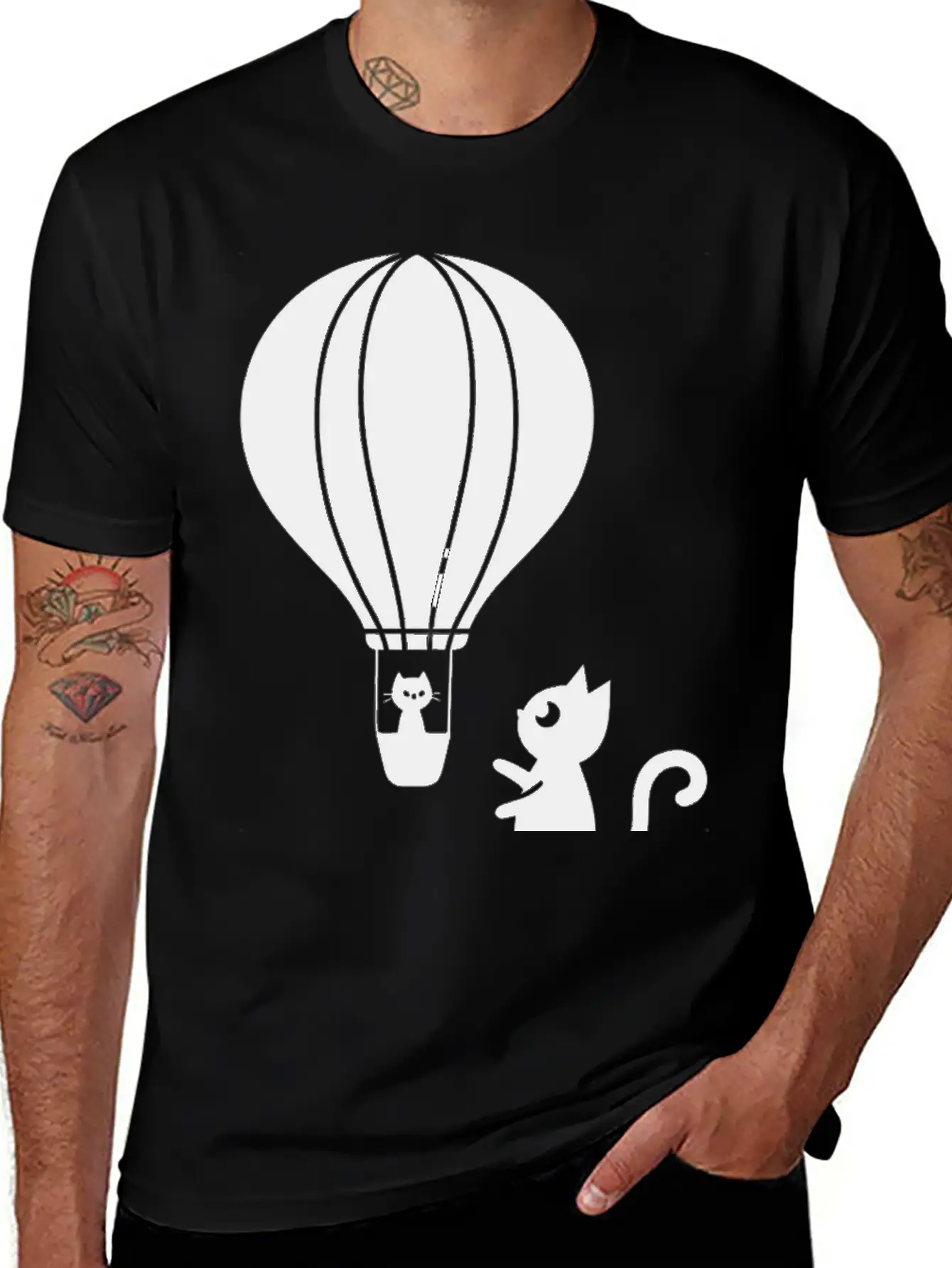 Hot Air Balloon And Cats Design Stylish Everyday T-Shirt – Unisex Basic Cotton Tee