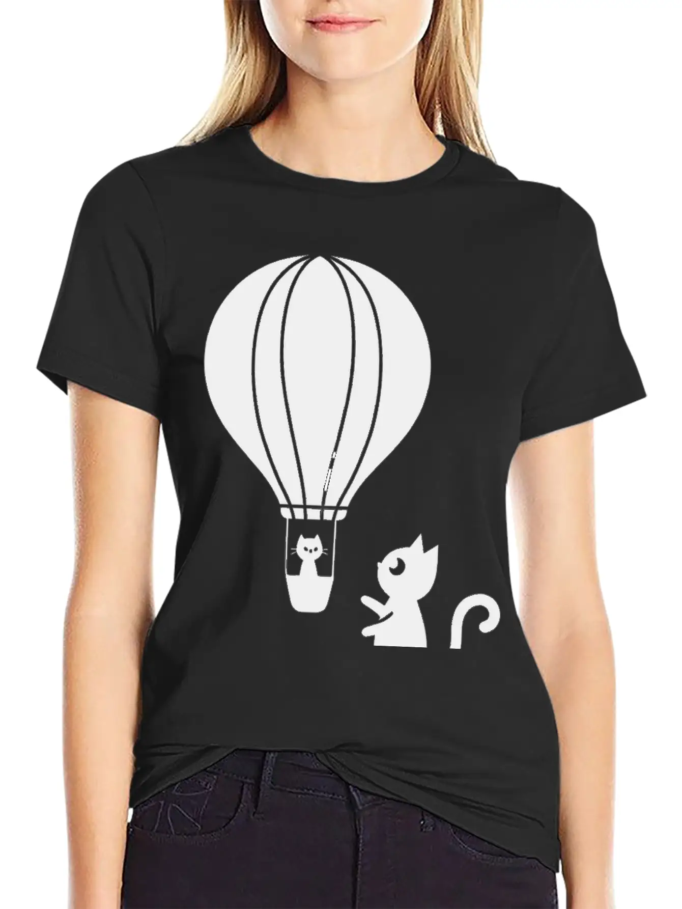 Hot Air Balloon And Cats Design Stylish Everyday T-Shirt – Unisex Basic Cotton Tee