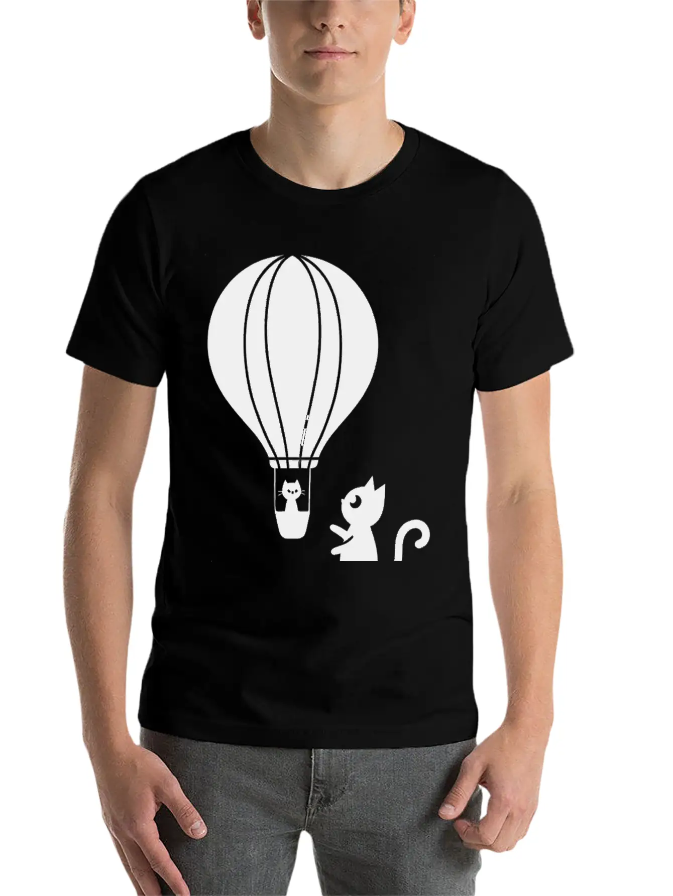 Hot Air Balloon And Cats Design Stylish Everyday T-Shirt – Unisex Basic Cotton Tee