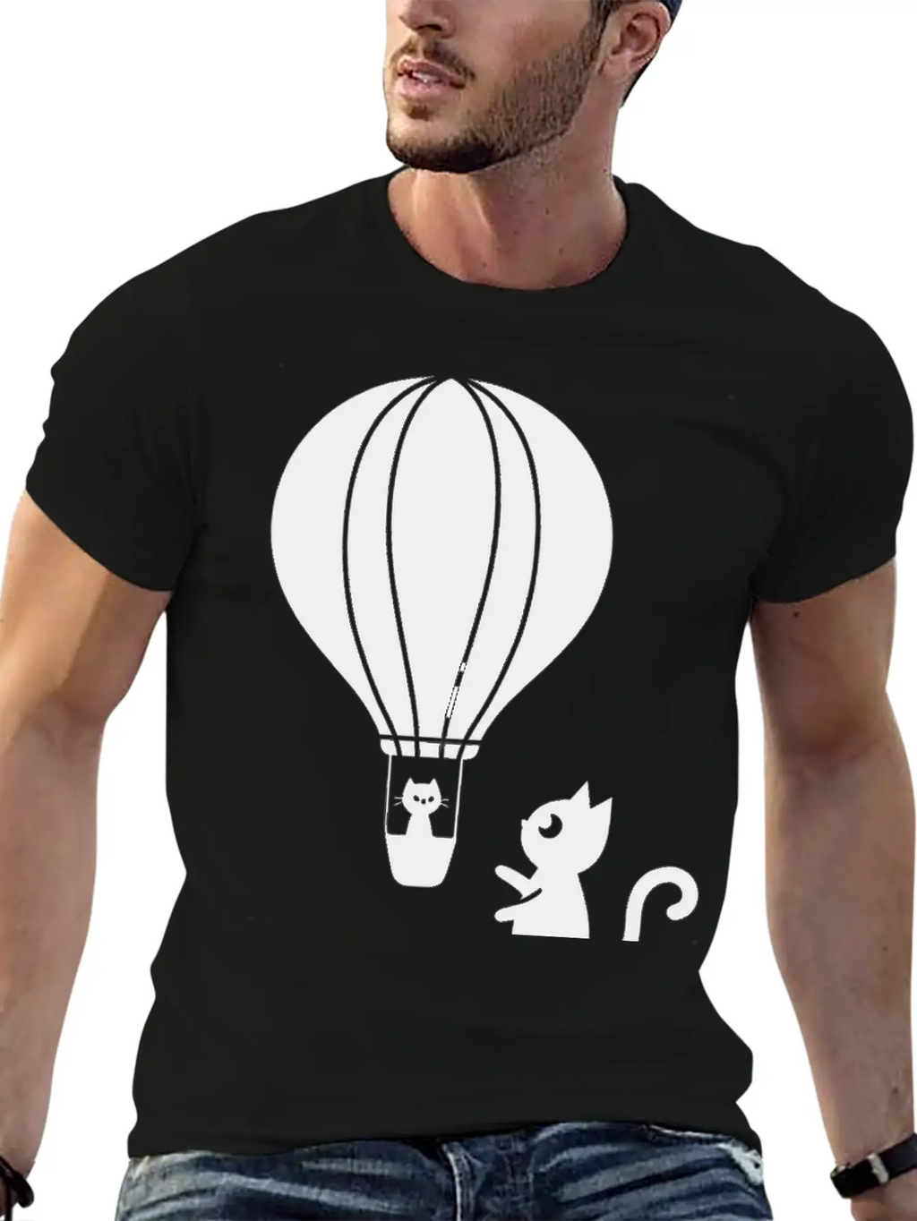 Hot Air Balloon And Cats Design Stylish Everyday T-Shirt – Unisex Basic Cotton Tee