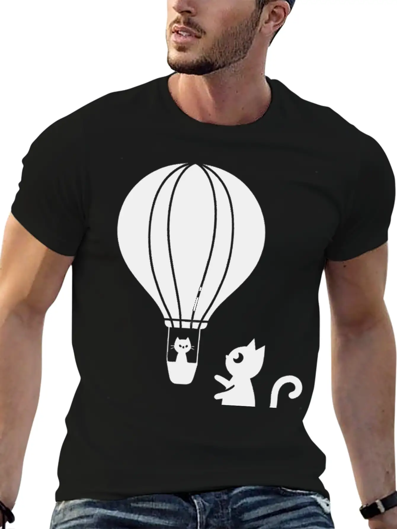 Hot Air Balloon And Cats Design Stylish Everyday T-Shirt – Unisex Basic Cotton Tee