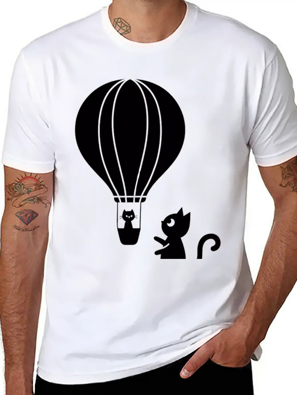 Hot Air Balloon And Cats Design Stylish Everyday T-Shirt – Unisex Basic Cotton Tee