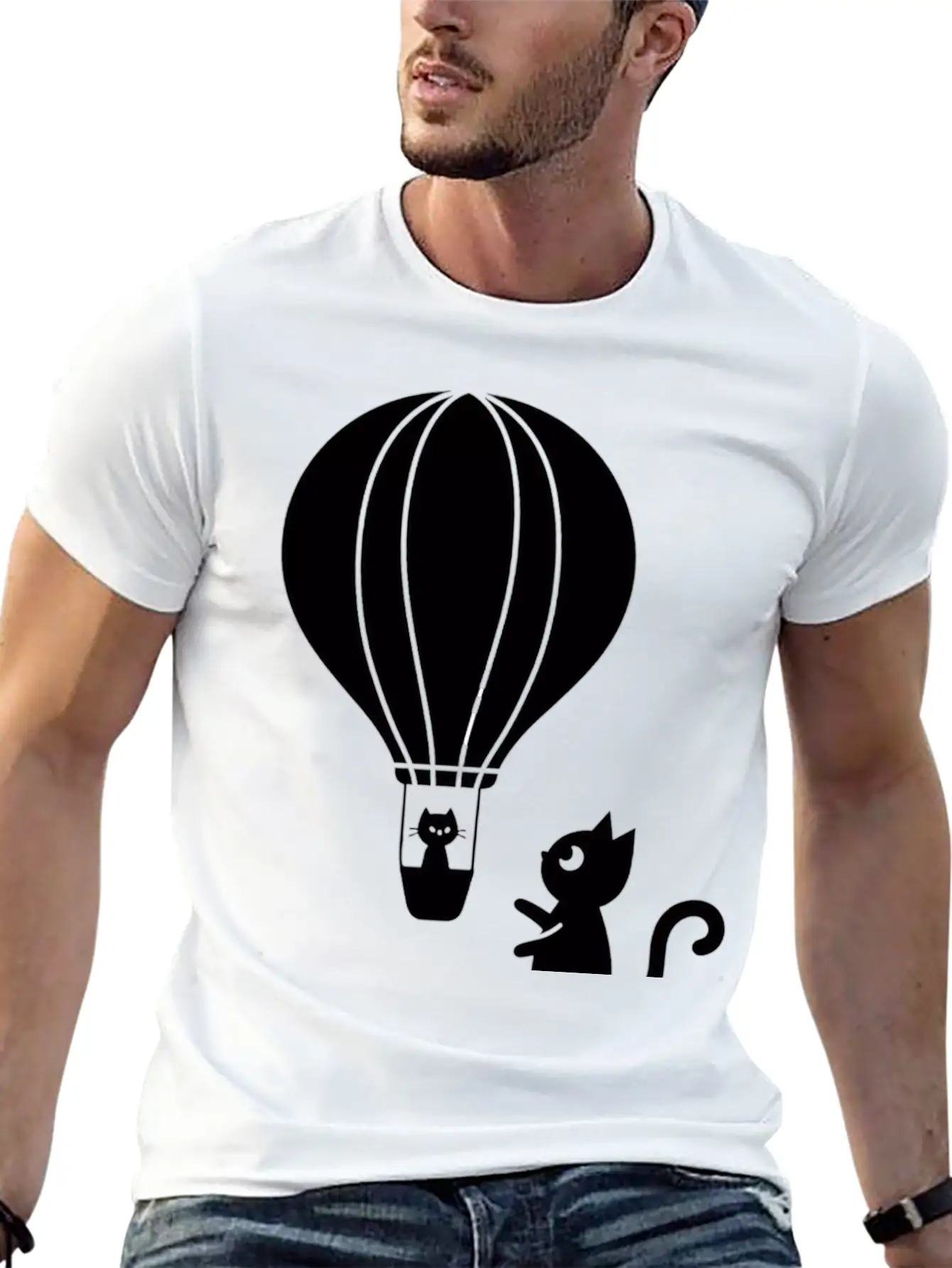 Hot Air Balloon And Cats Design Stylish Everyday T-Shirt – Unisex Basic Cotton Tee