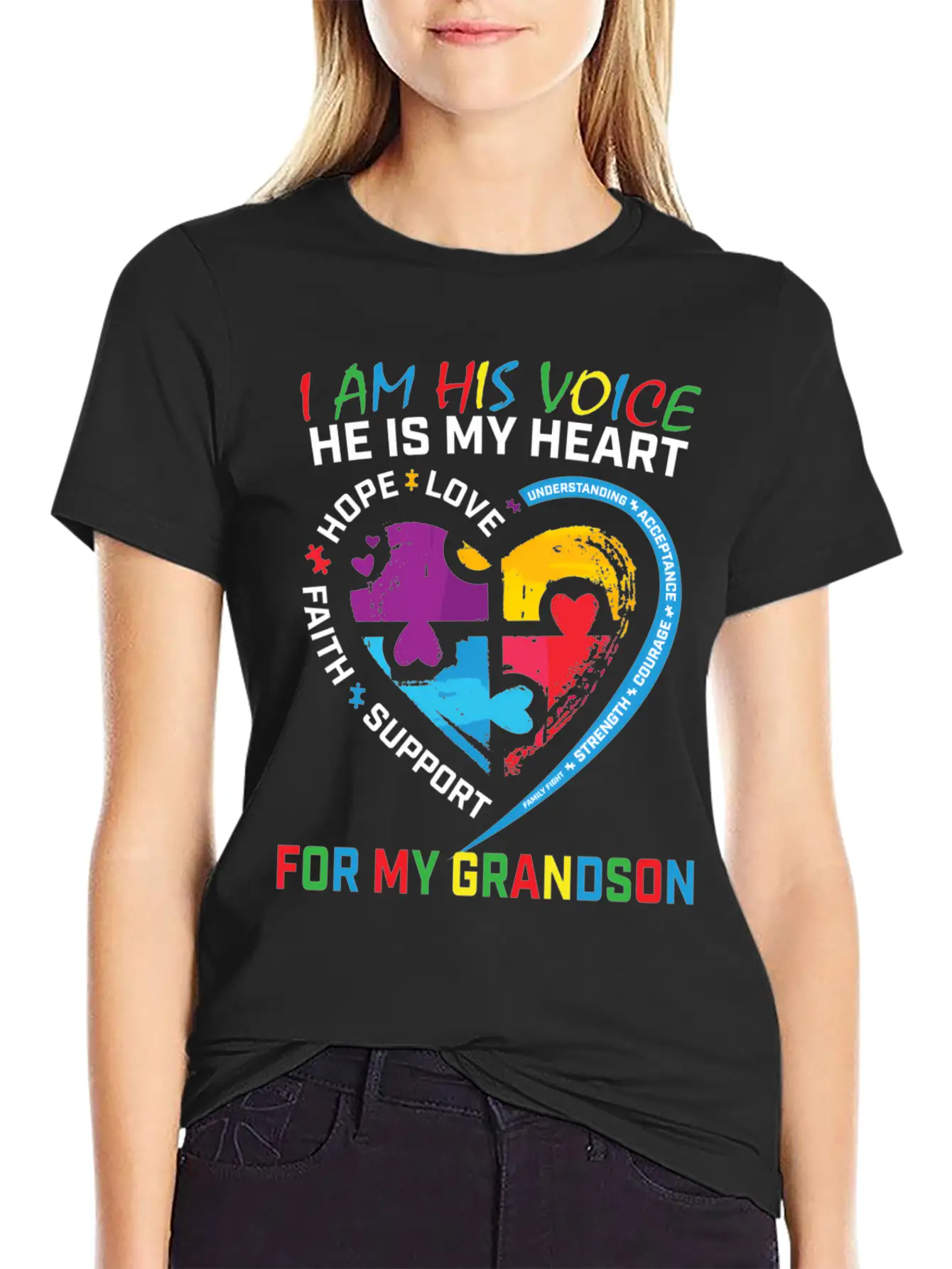I Am His Voice Grandson Autism Awareness Grandma Breathable Graphic T-Shirt – Perfect For Casual Days