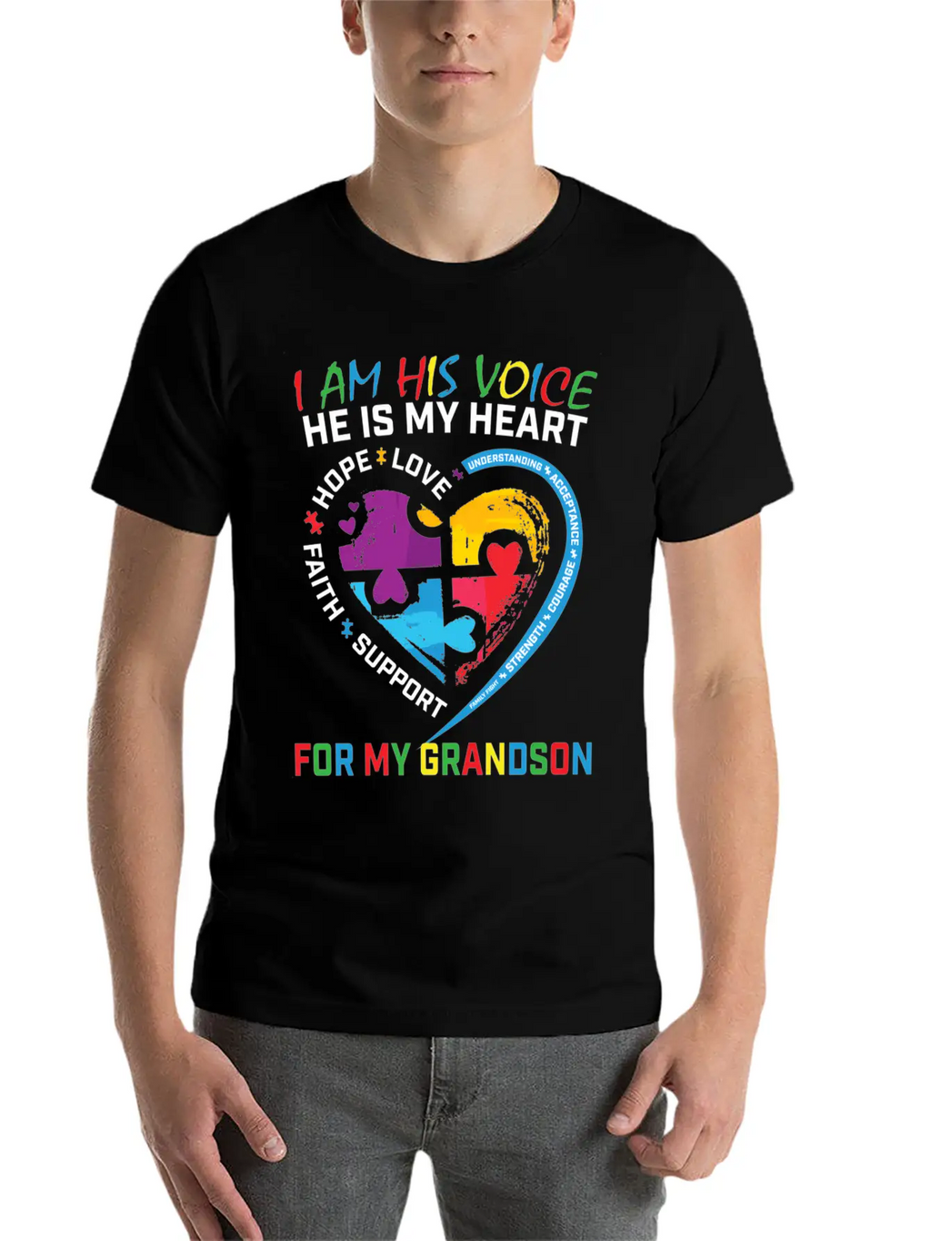 I Am His Voice Grandson Autism Awareness Grandma Breathable Graphic T-Shirt – Perfect For Casual Days