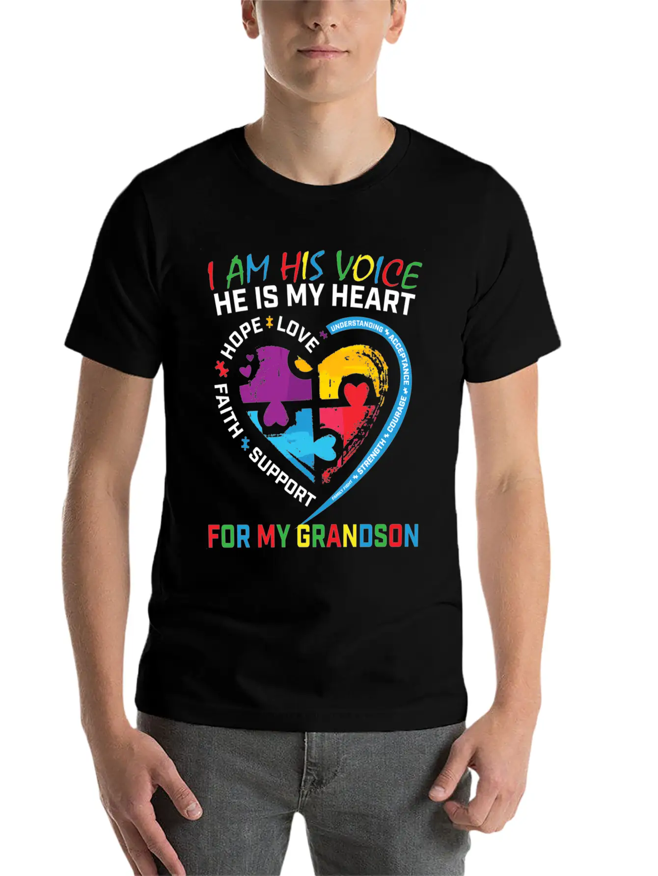 I Am His Voice Grandson Autism Awareness Grandma Breathable Graphic T-Shirt – Perfect For Casual Days