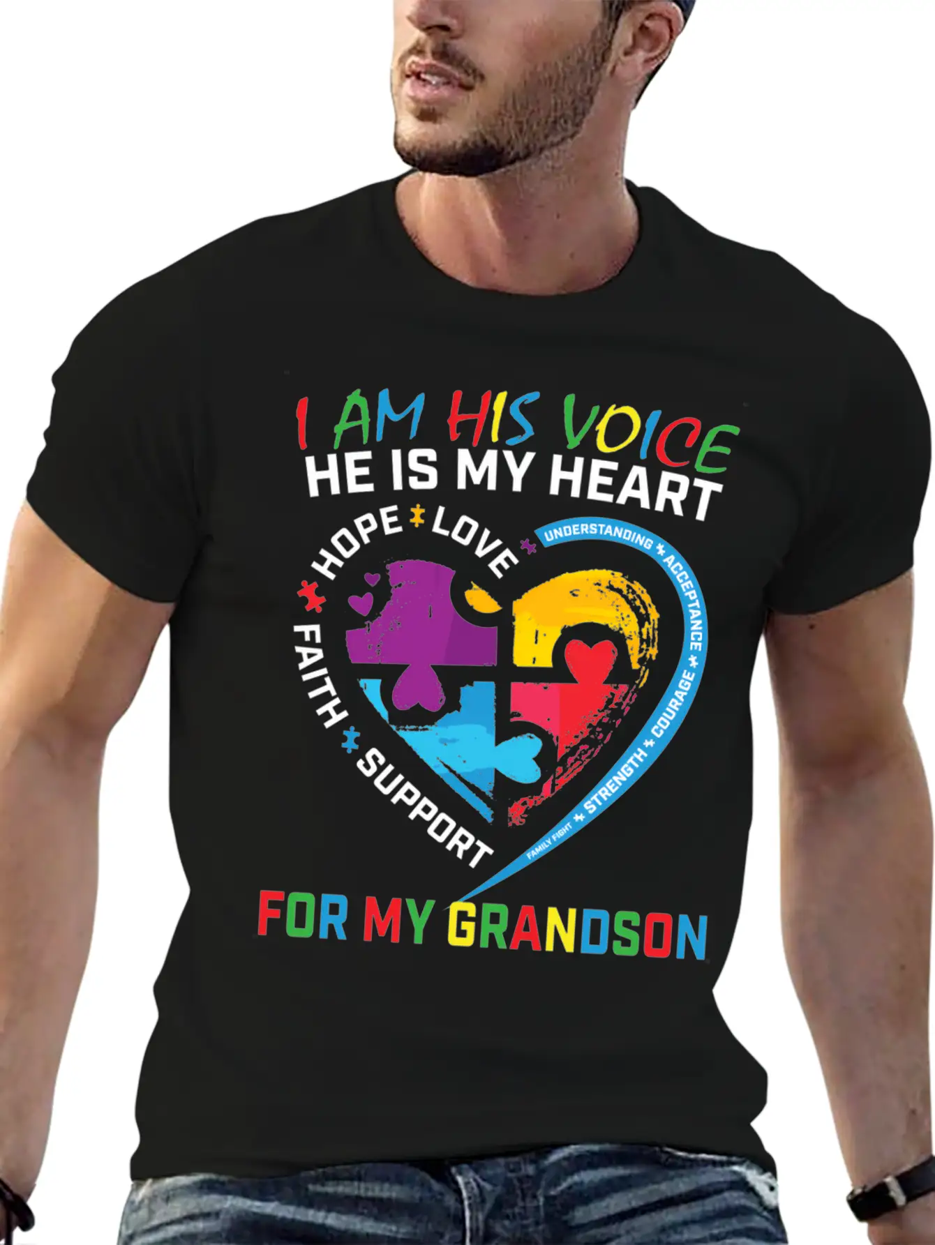I Am His Voice Grandson Autism Awareness Grandma Breathable Graphic T-Shirt – Perfect For Casual Days