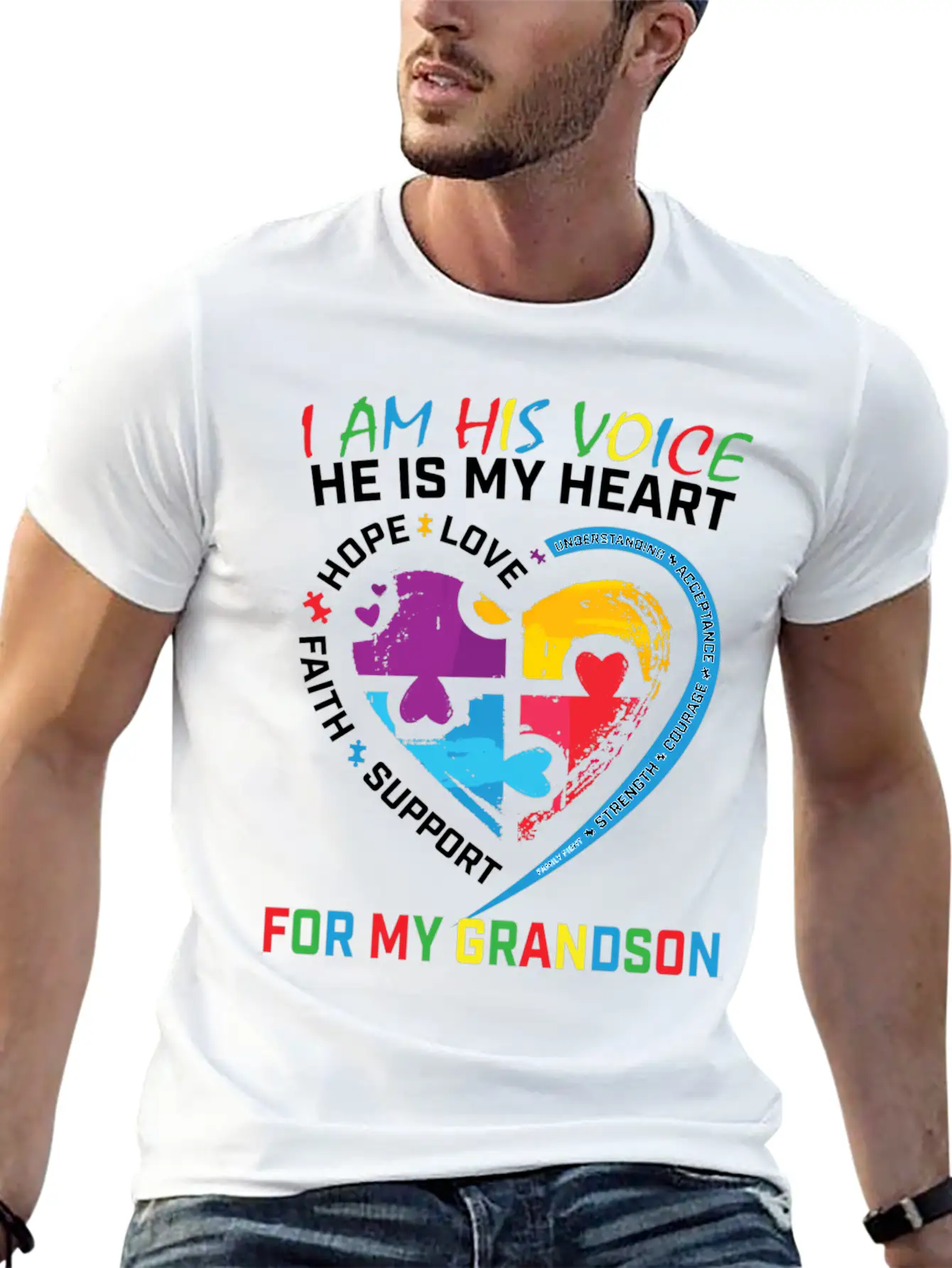 I Am His Voice Grandson Autism Awareness Grandma Breathable Graphic T-Shirt – Perfect For Casual Days