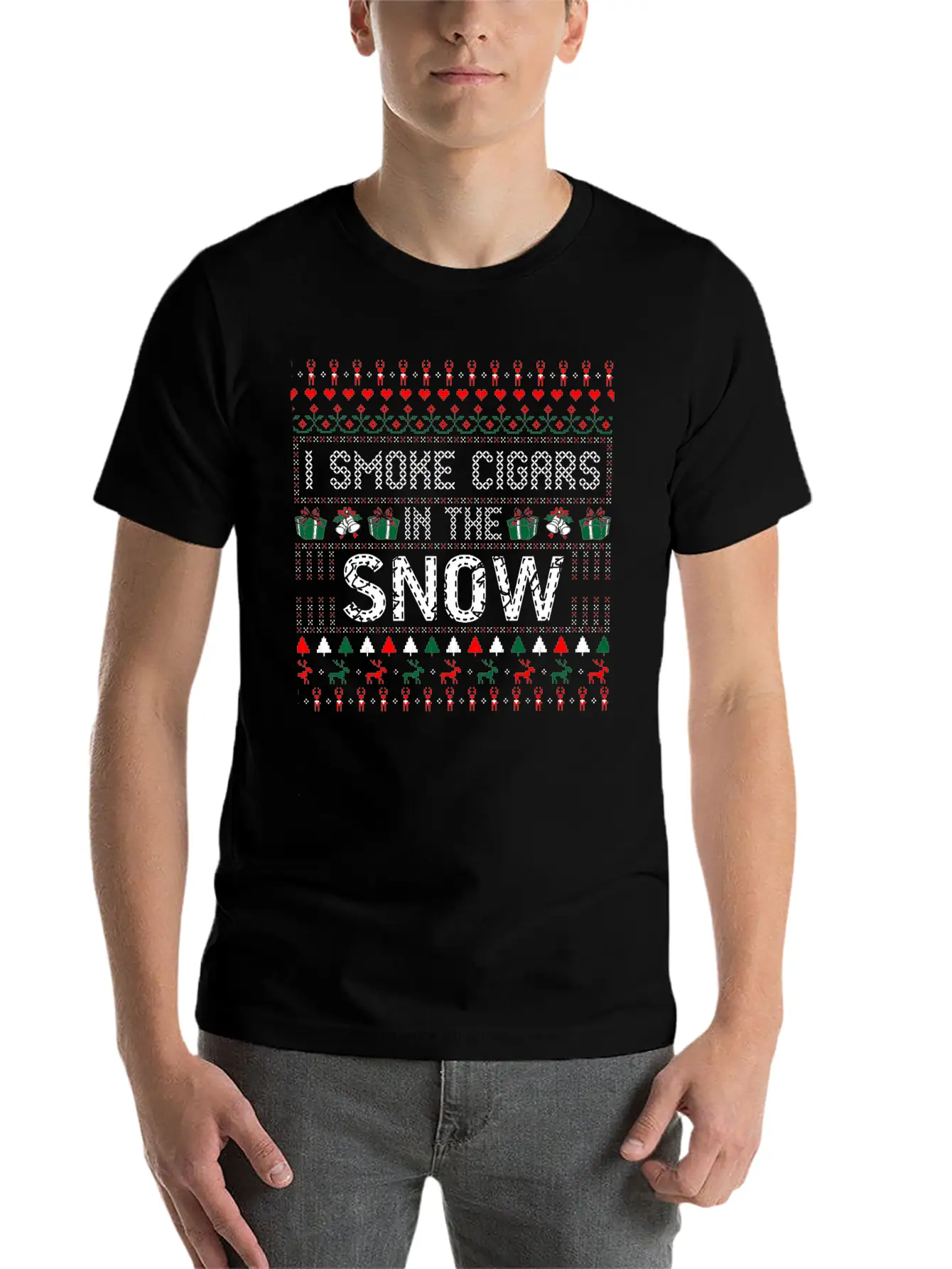 I Smoke Cigars In The Snow Christmas Ugly Sweater Essential Cotton Tee For Daily Outfits – Unisex Style