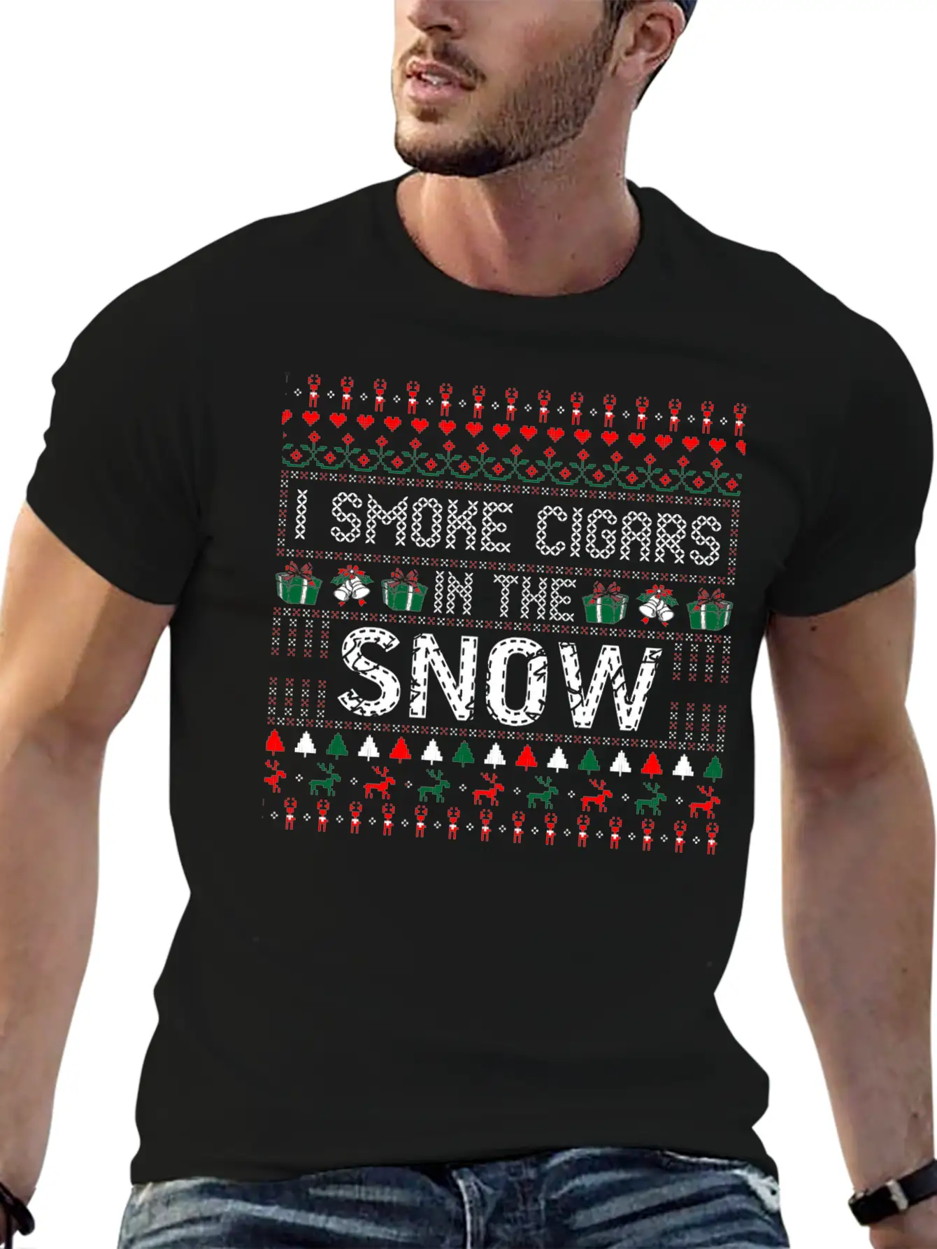 I Smoke Cigars In The Snow Christmas Ugly Sweater Essential Cotton Tee For Daily Outfits – Unisex Style