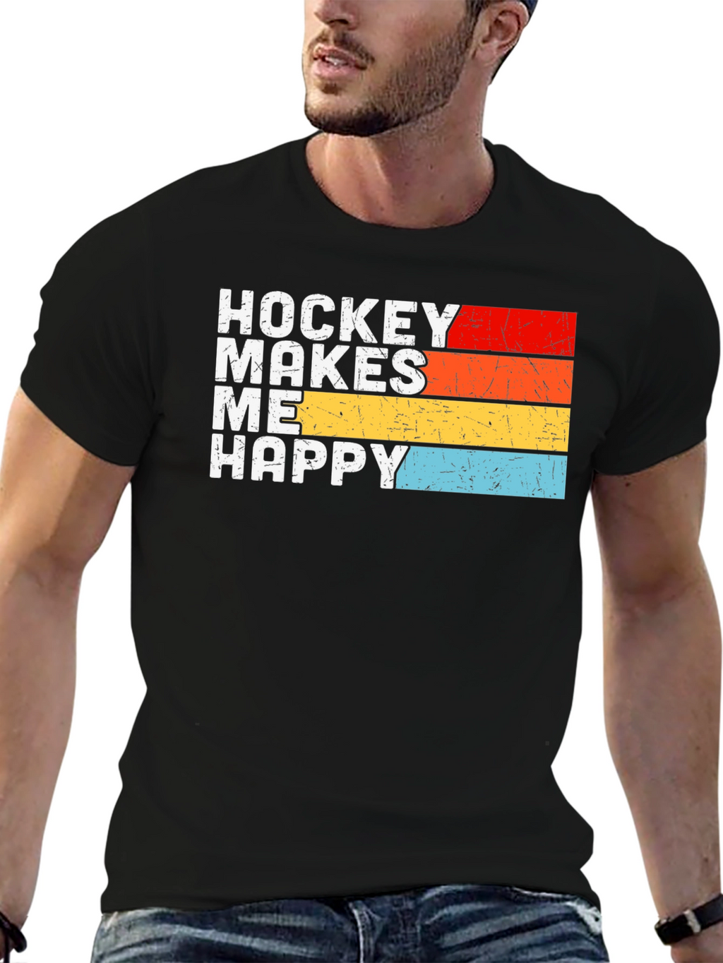 Hockey Makes Me Happy Retro Graphic T-Shirt