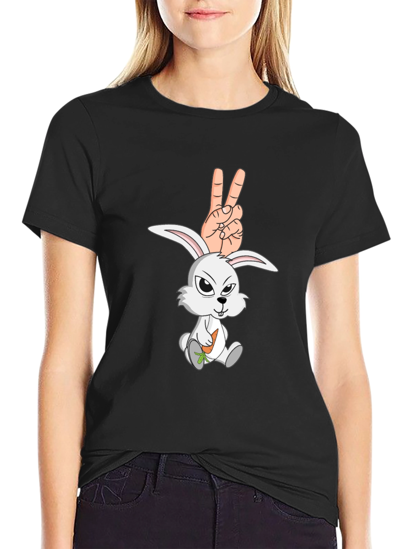 Cool Rabbit Peace Sign Graphic Black T-Shirt