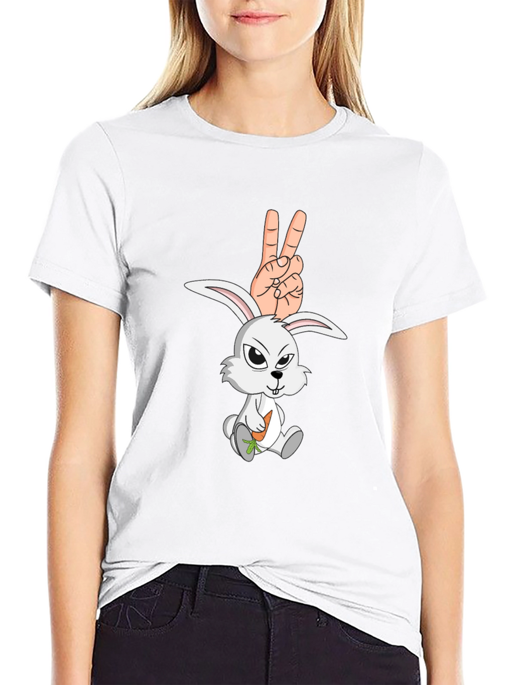 Cool Rabbit Peace Sign Graphic Black T-Shirt