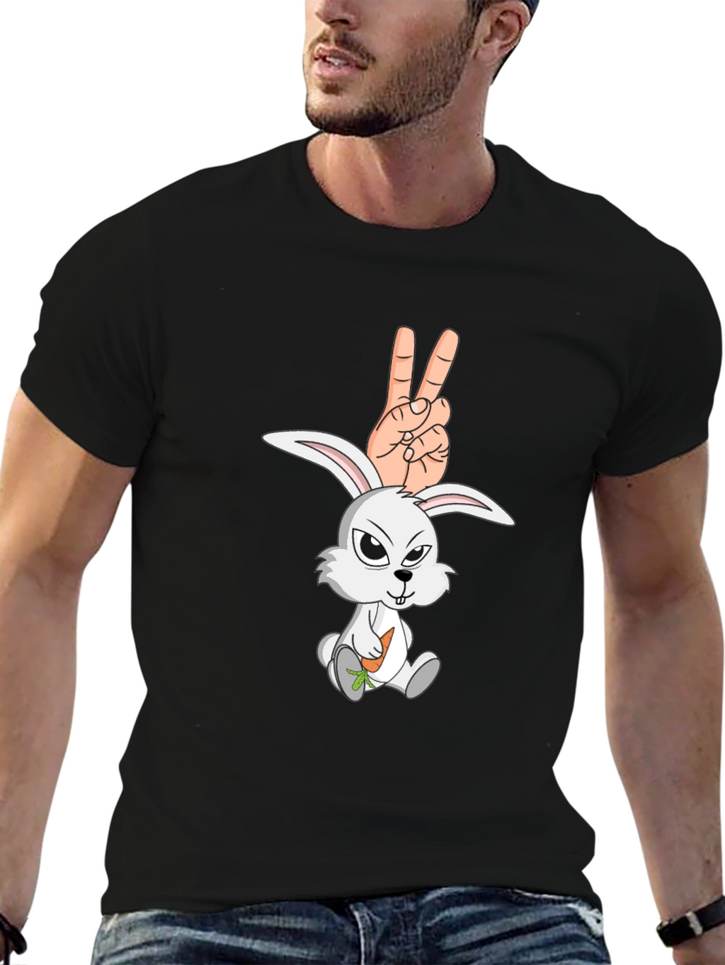 Cool Rabbit Peace Sign Graphic Black T-Shirt