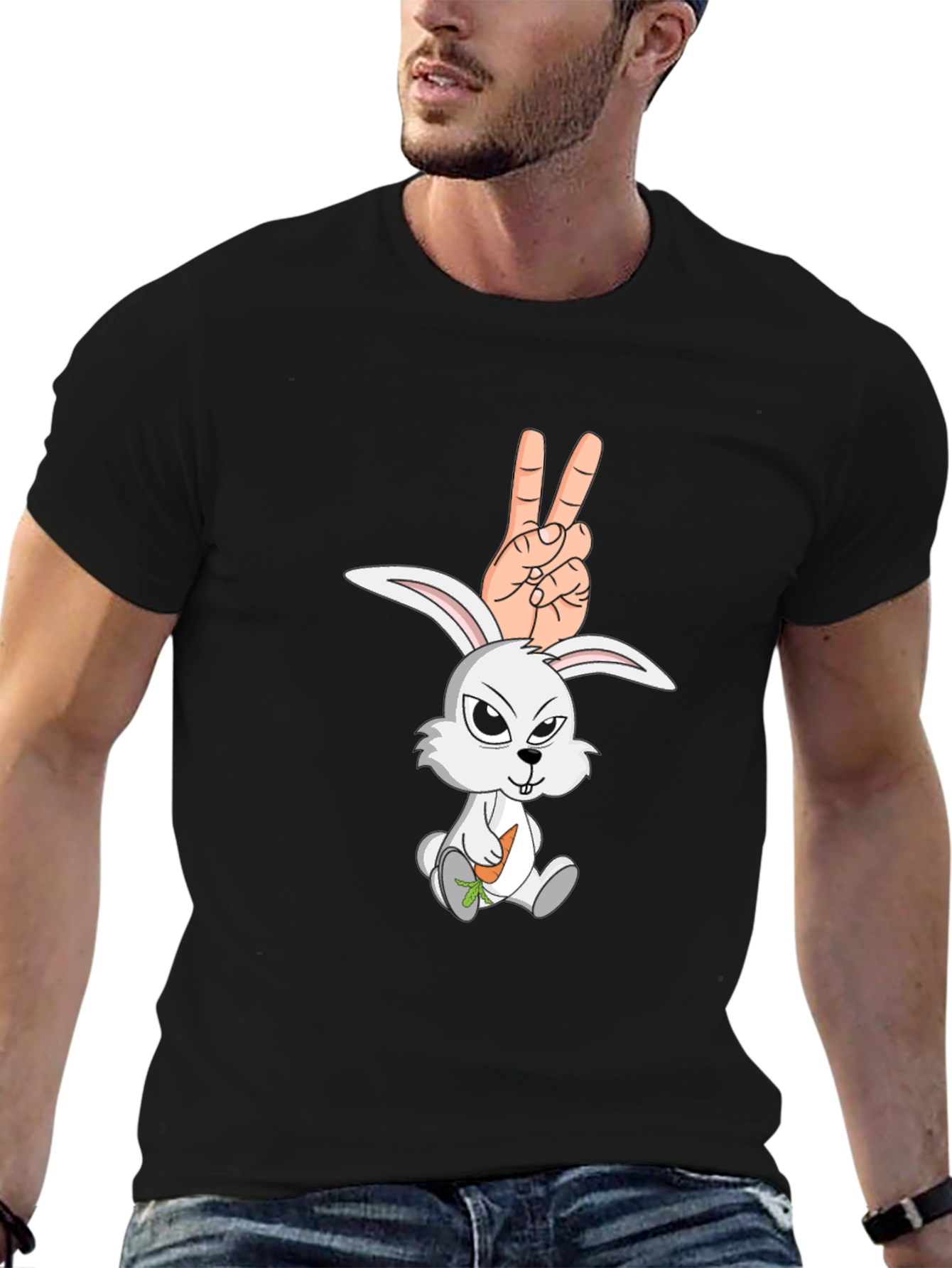 Cool Rabbit Peace Sign Graphic Black T-Shirt