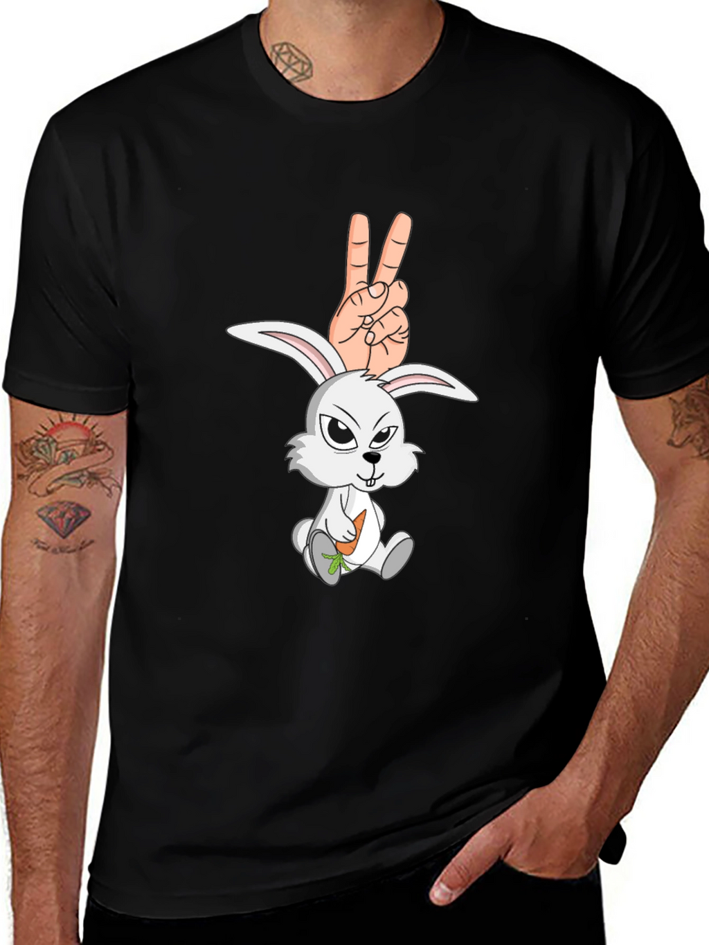 Cool Rabbit Peace Sign Graphic Black T-Shirt