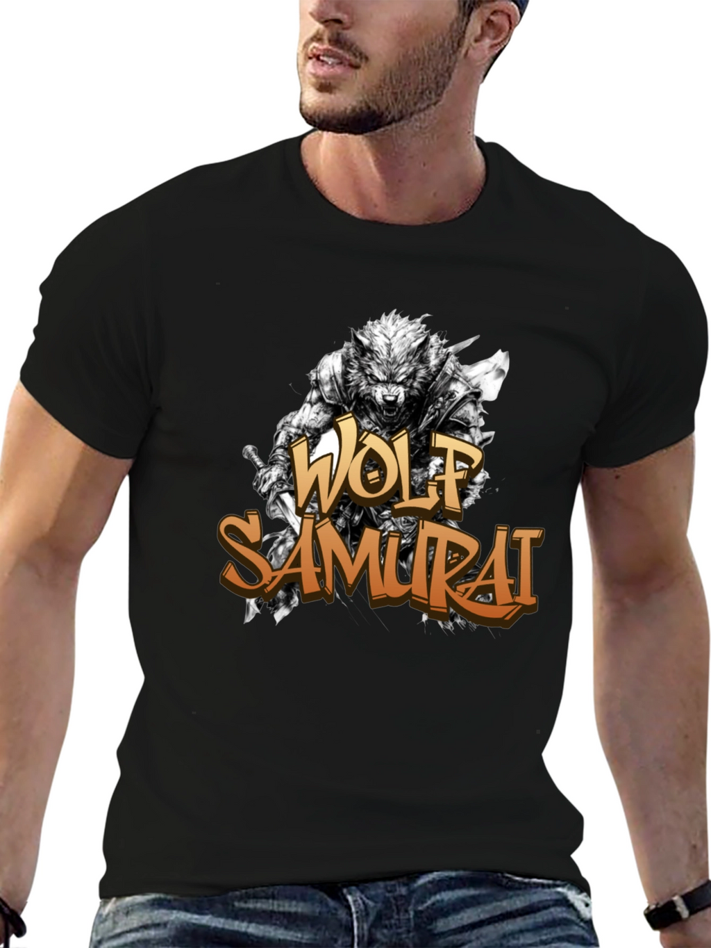 Wolf Samurai Graphic T-Shirt - Black