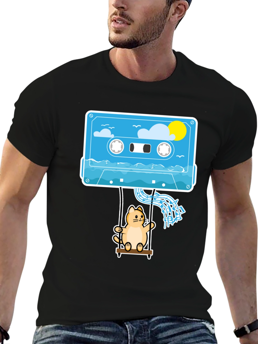Cassette Cat Swing T-Shirt - Cool Graphic Tee