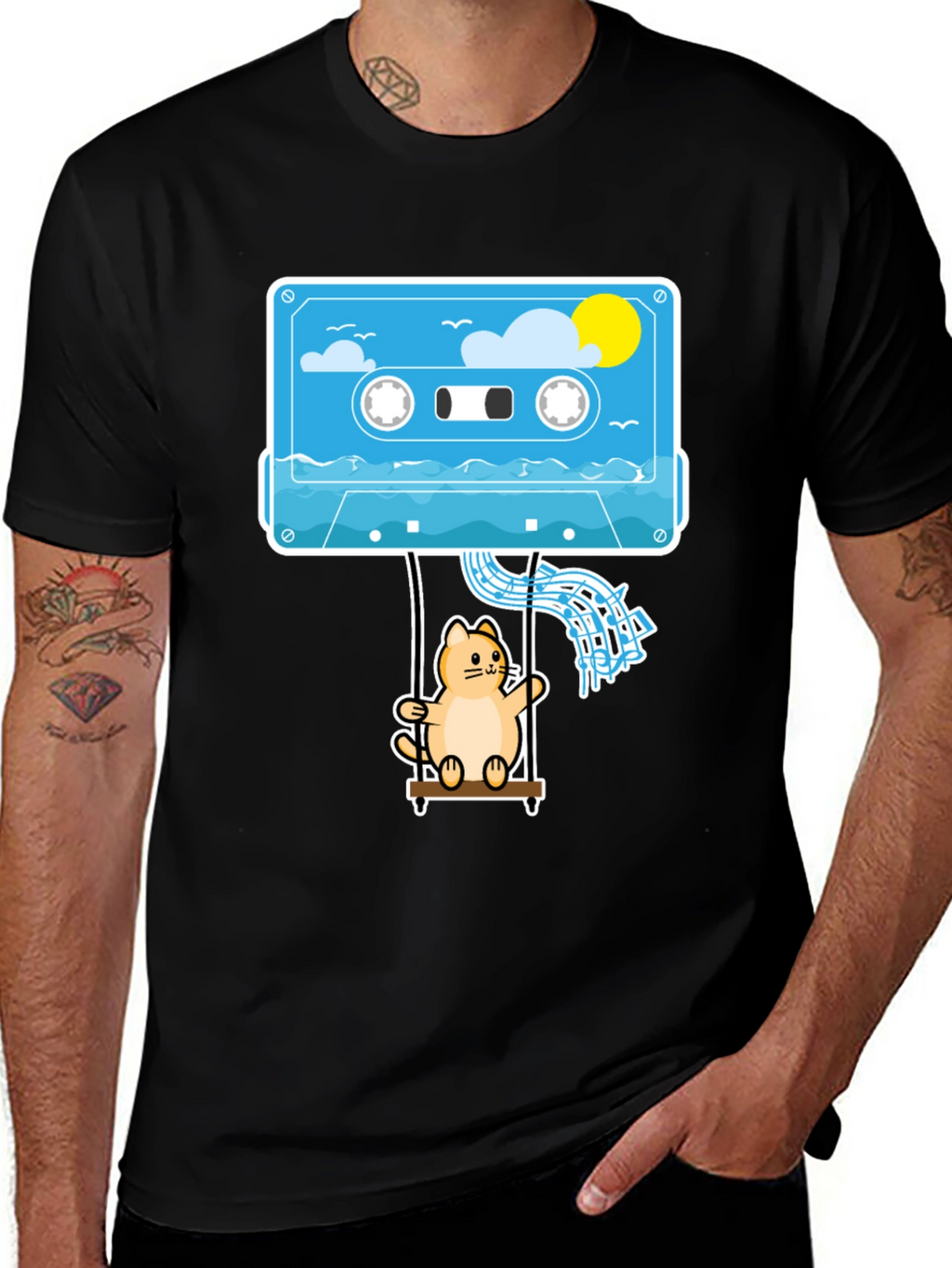 Cassette Cat Swing T-Shirt - Cool Graphic Tee