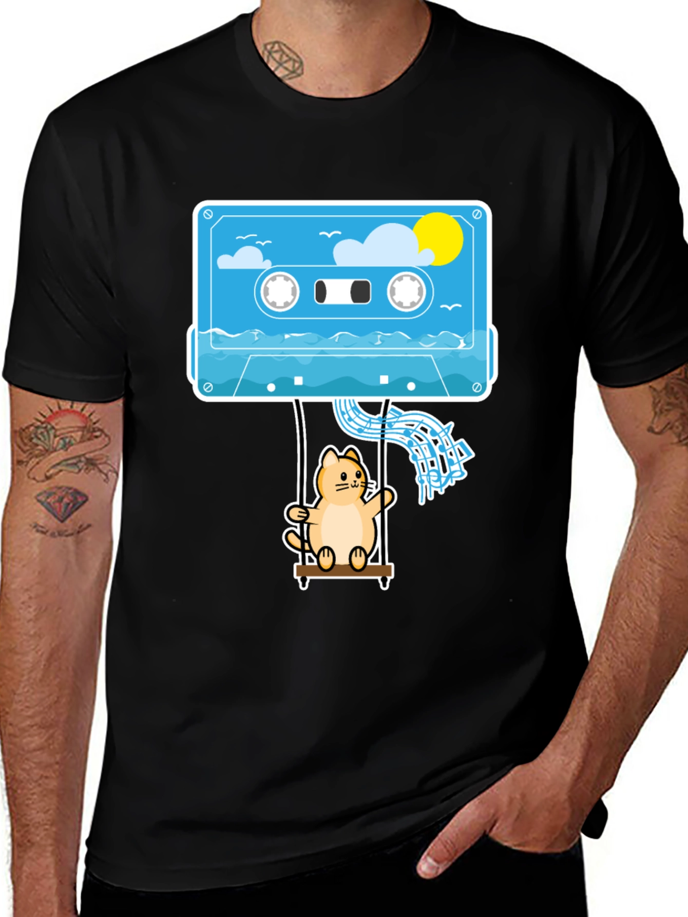 Cassette Cat Swing T-Shirt - Cool Graphic Tee