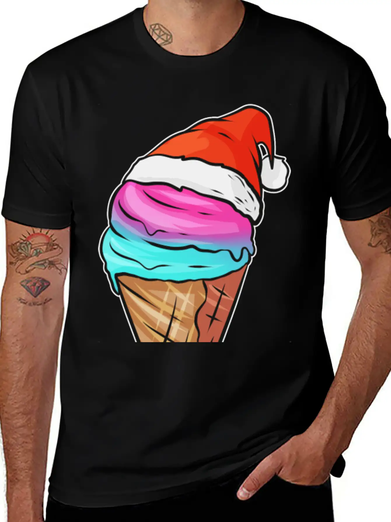 Ice Cream Cone With Ice Cream And Santas Hat For Breathable Graphic T-Shirt – Perfect For Casual Days
